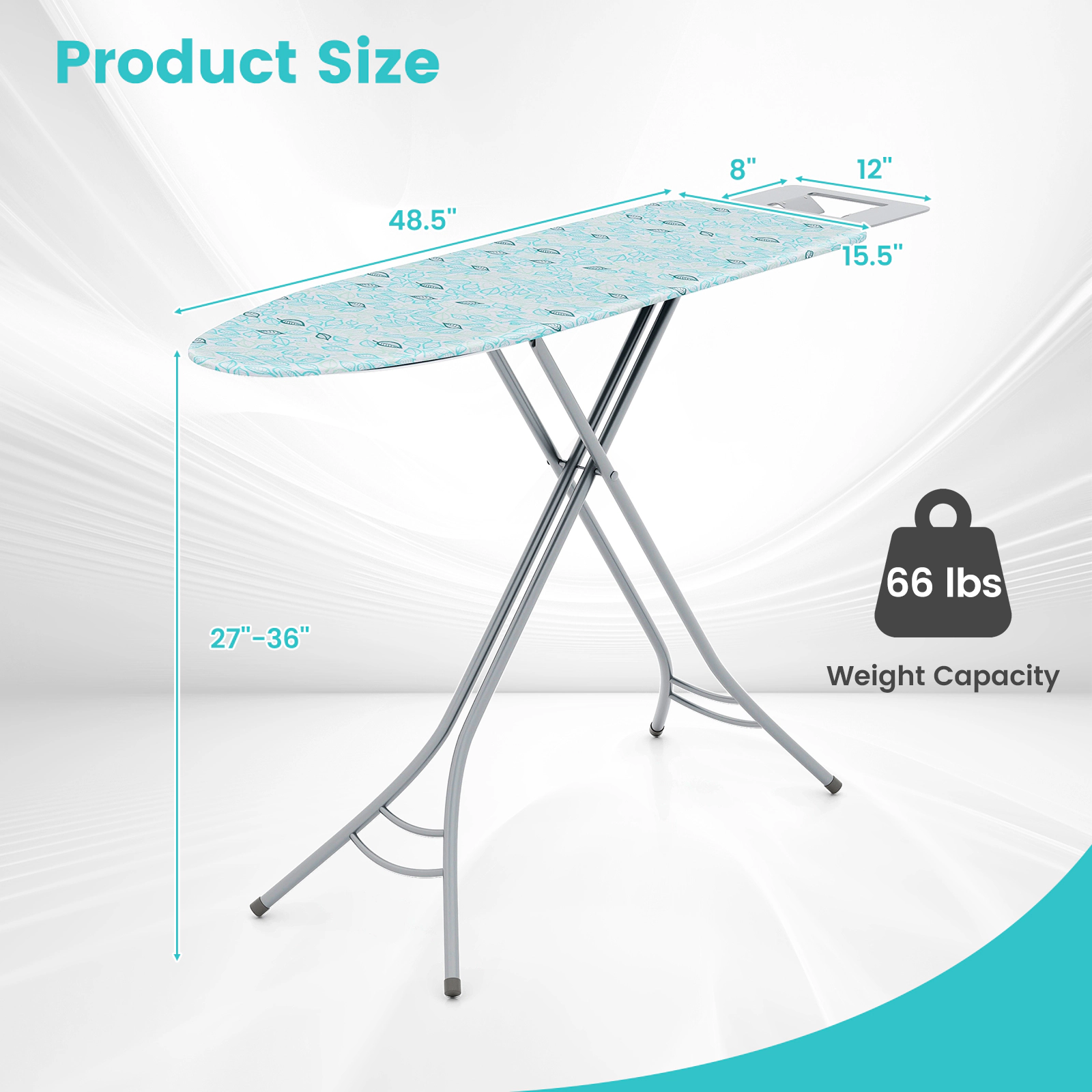 SUGIFT Foldable Adjustable Height Ironing Board Iron Rest 56.5 x 15.5-in Top 27-36-in Height 66-lb Capacity Turquoise