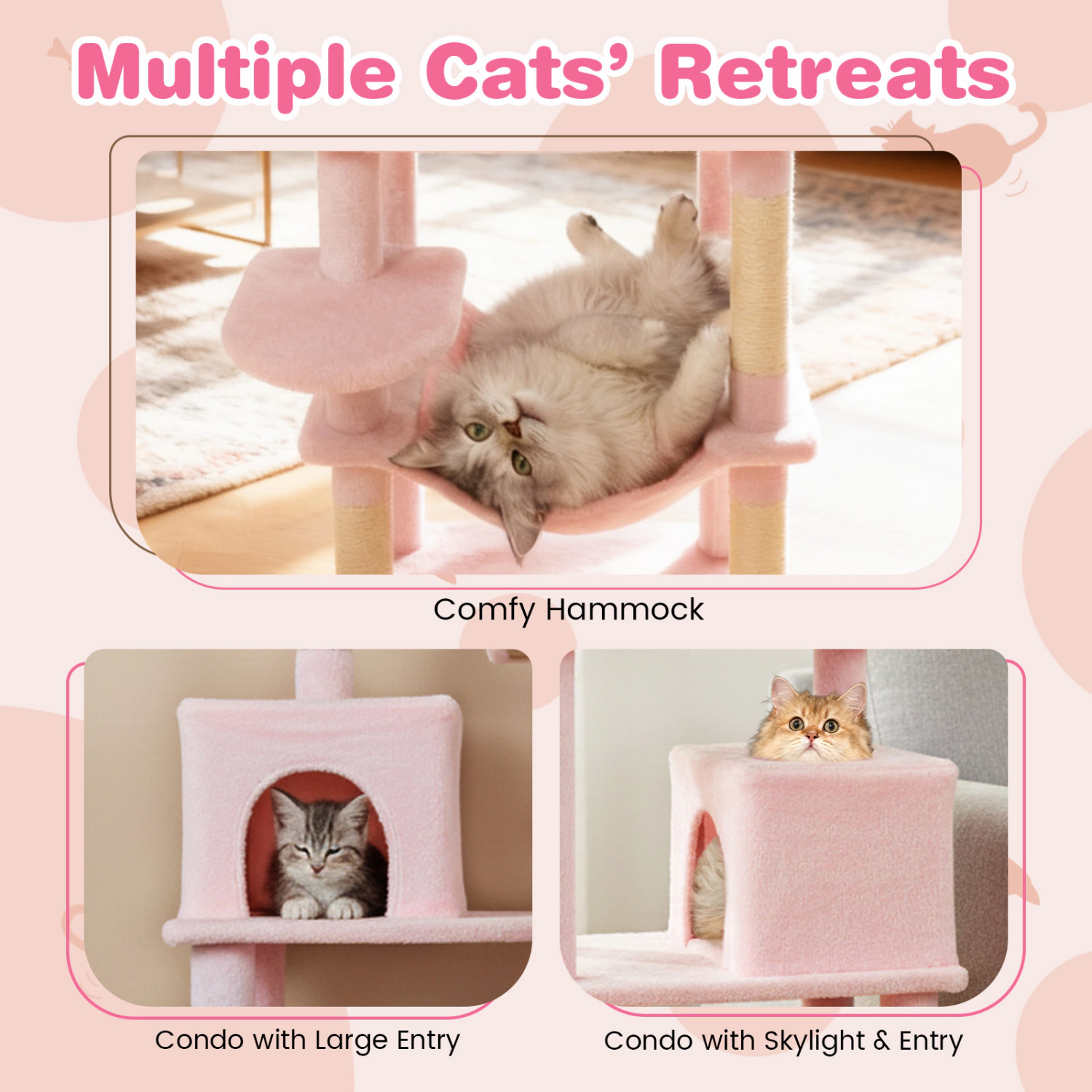 SUGIFT 58-in Pink Multi-Level Cat Tree Tower with 2 Condos Basket Hammock and Upholstered Top Perch