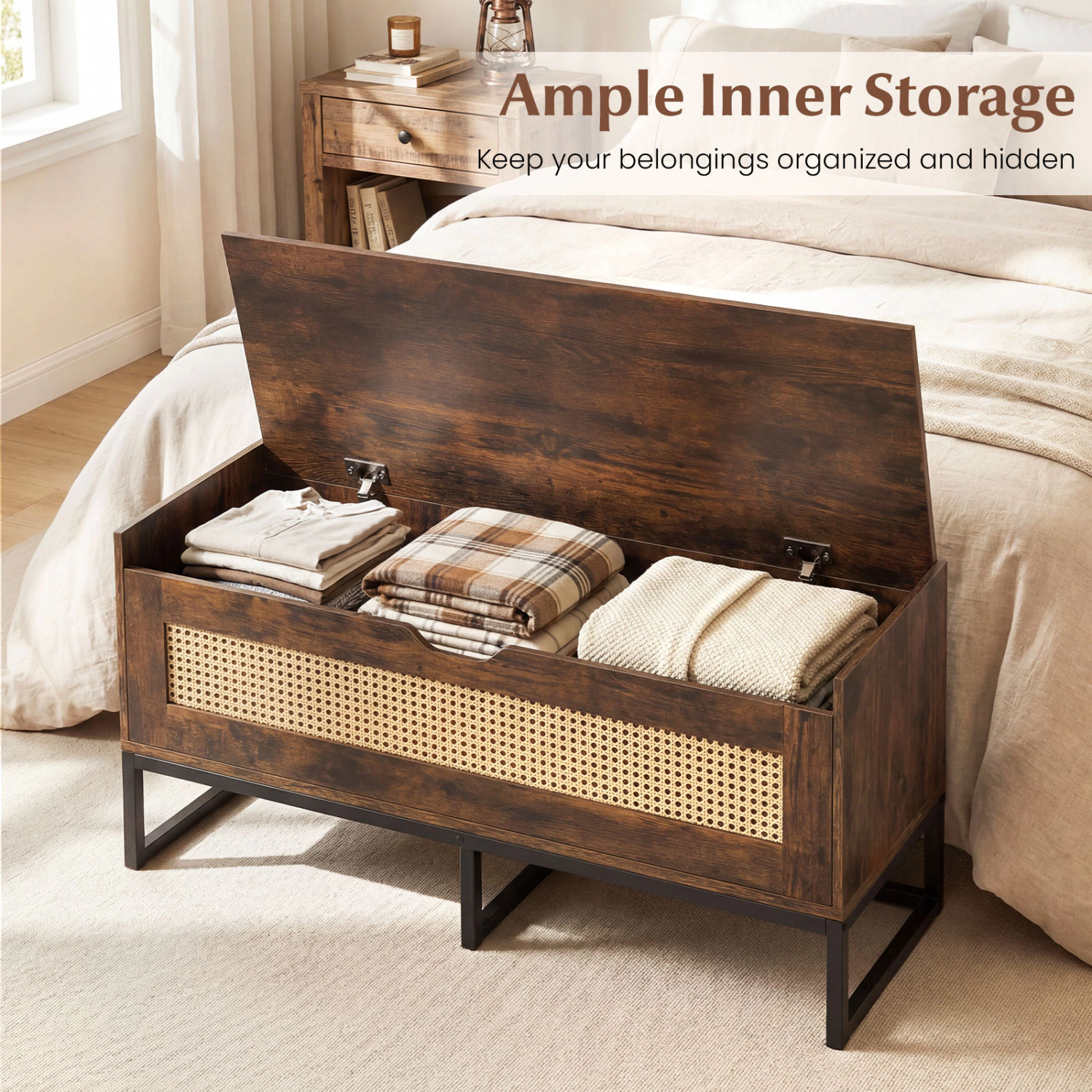 LJG 39.5" Rattan Storage Chest Wicker Shoe Bench with Padded Seat Flip-Top