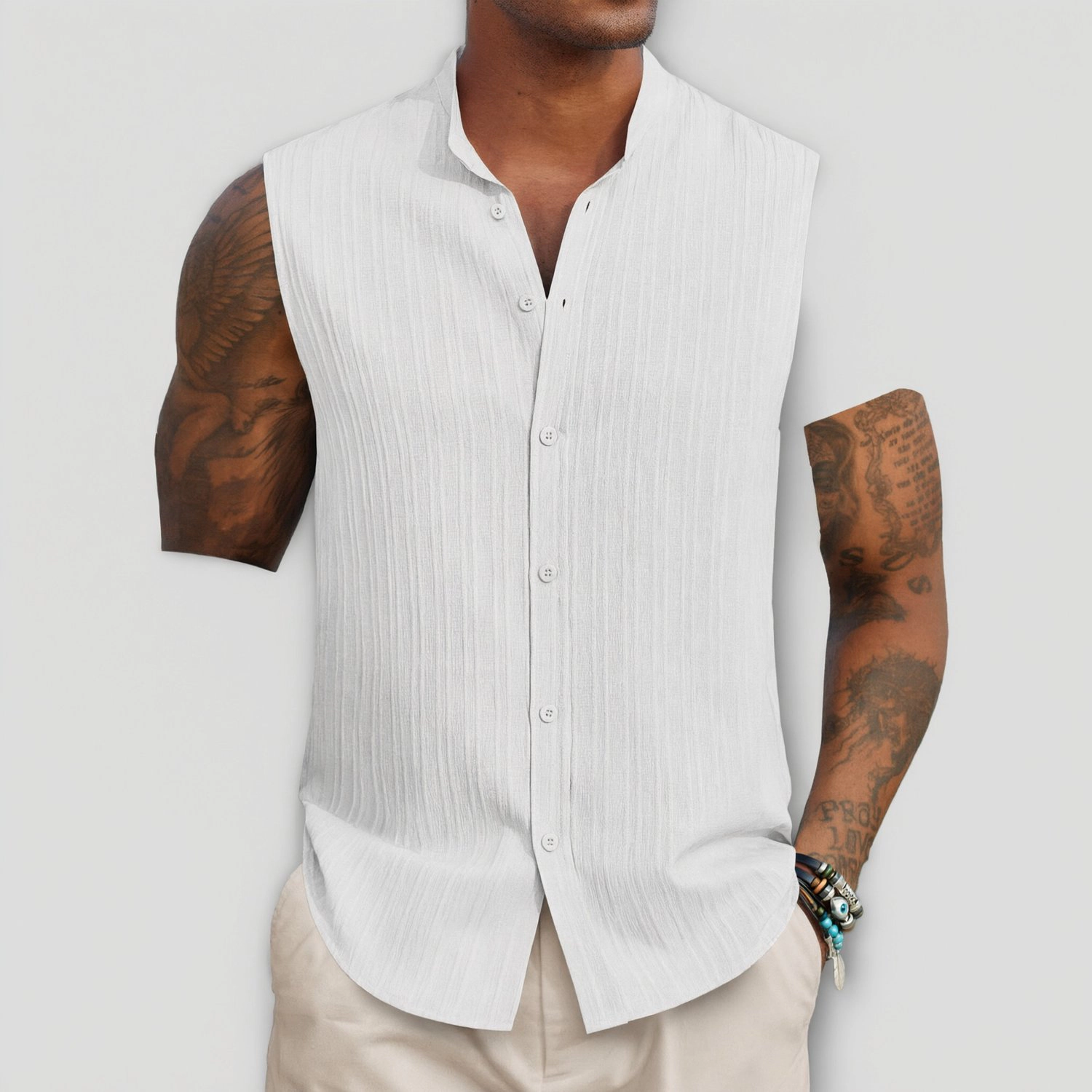 COOFANDY Mens Sleeveless Button Down Shirt  Henley V Neck Pleated Casual Tops