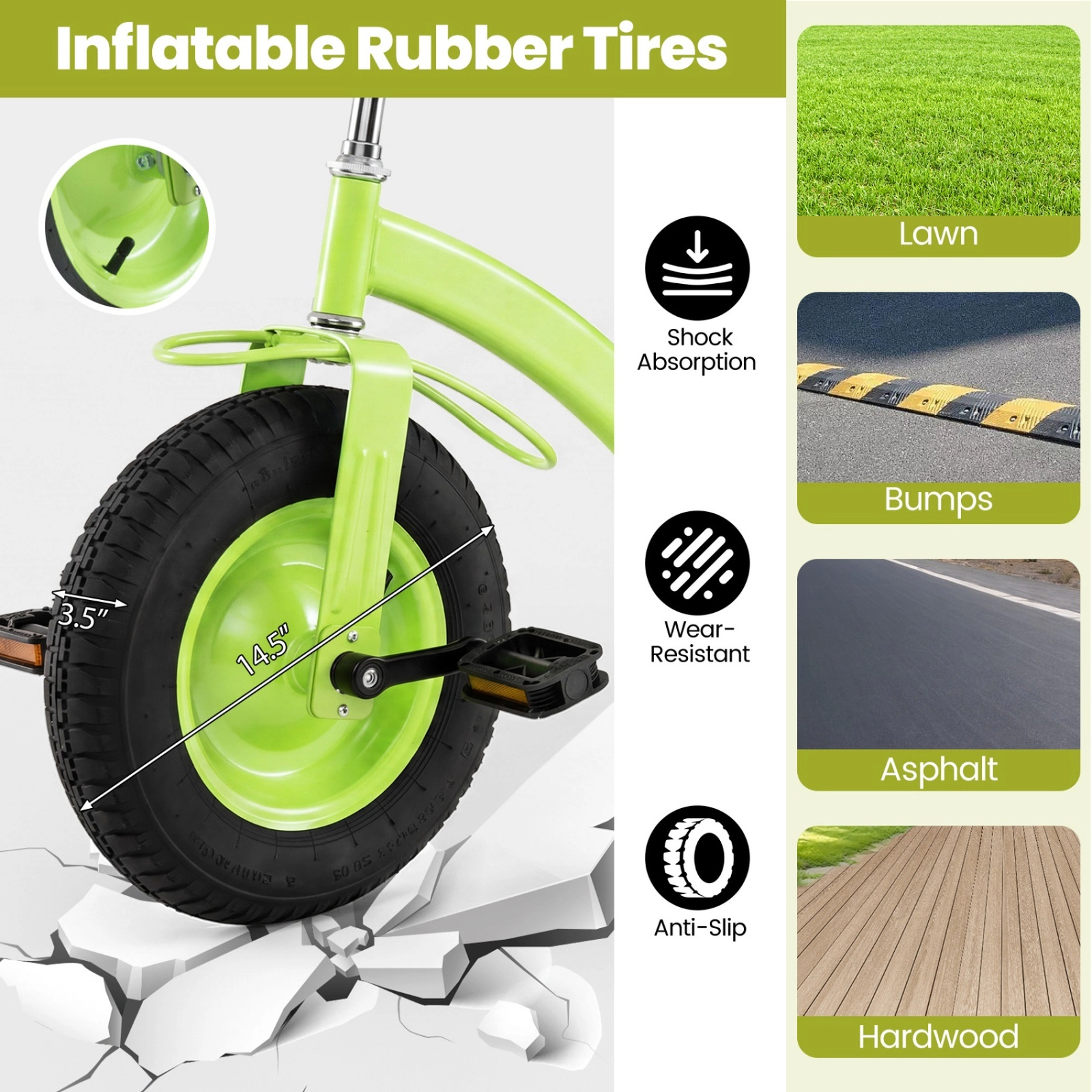 Kids Tricycle 15-in Inflatable Rubber Tires 200-lb Load Capacity Triangle Carbon Steel Frame Basket Ages 3+ Green