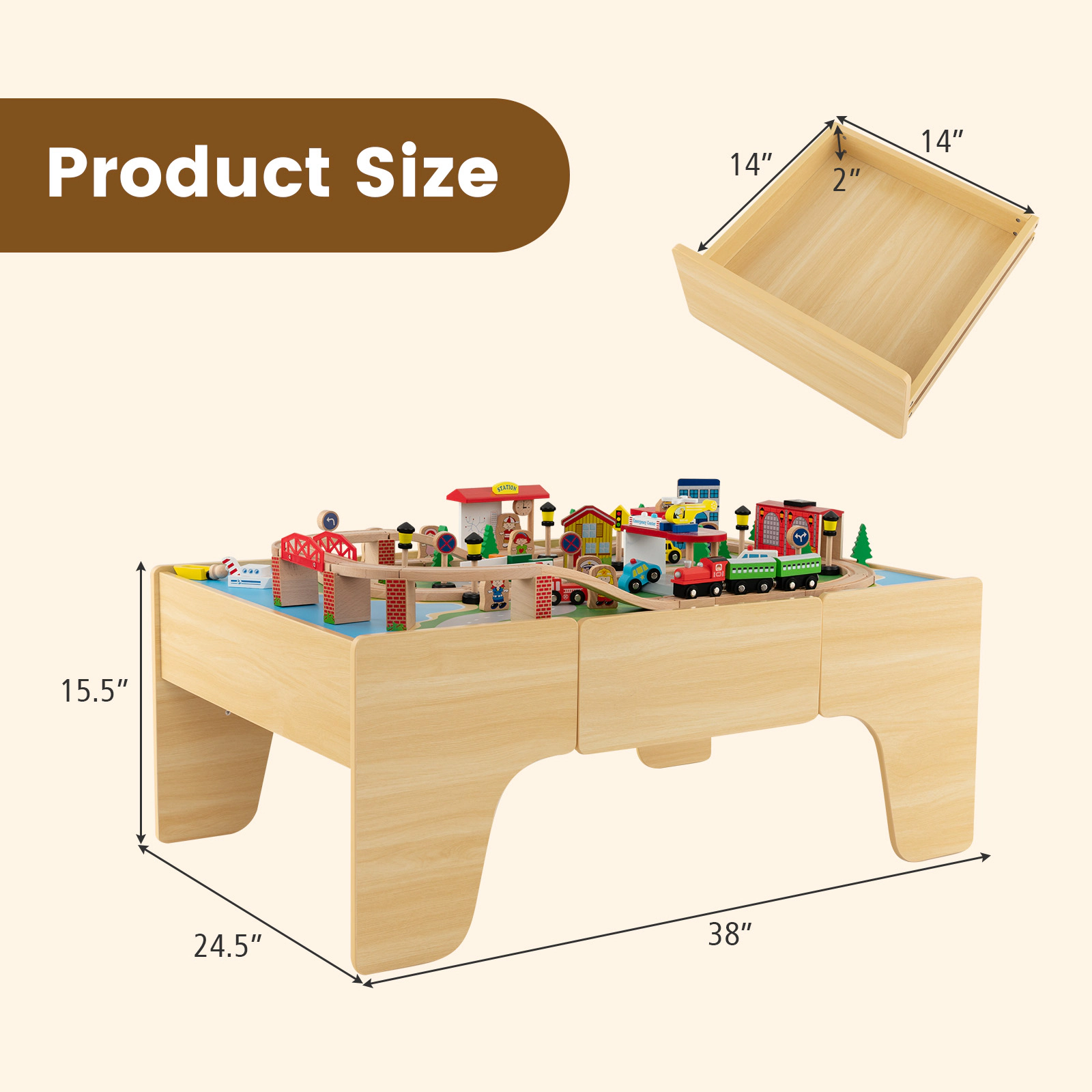SUGIFT 84-Piece Wooden Train Set Activity Table with Reversible Top 38-in Long Ages 18M+ Natural Interactive Toy