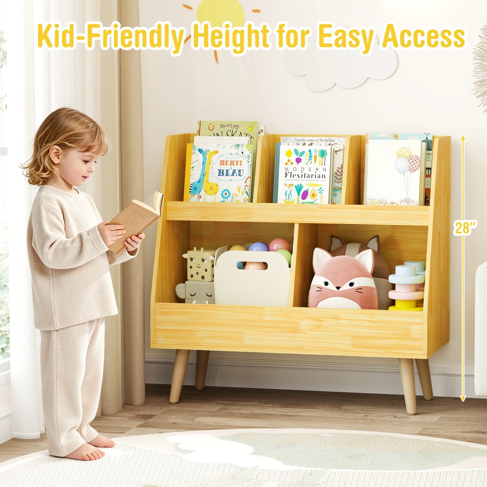 SUGIFT 5-Cube 68-lb Capacity 30-in Oak Kids Bookshelf and Toy Organizer with Anti-Tipping Kits and Wood Legs