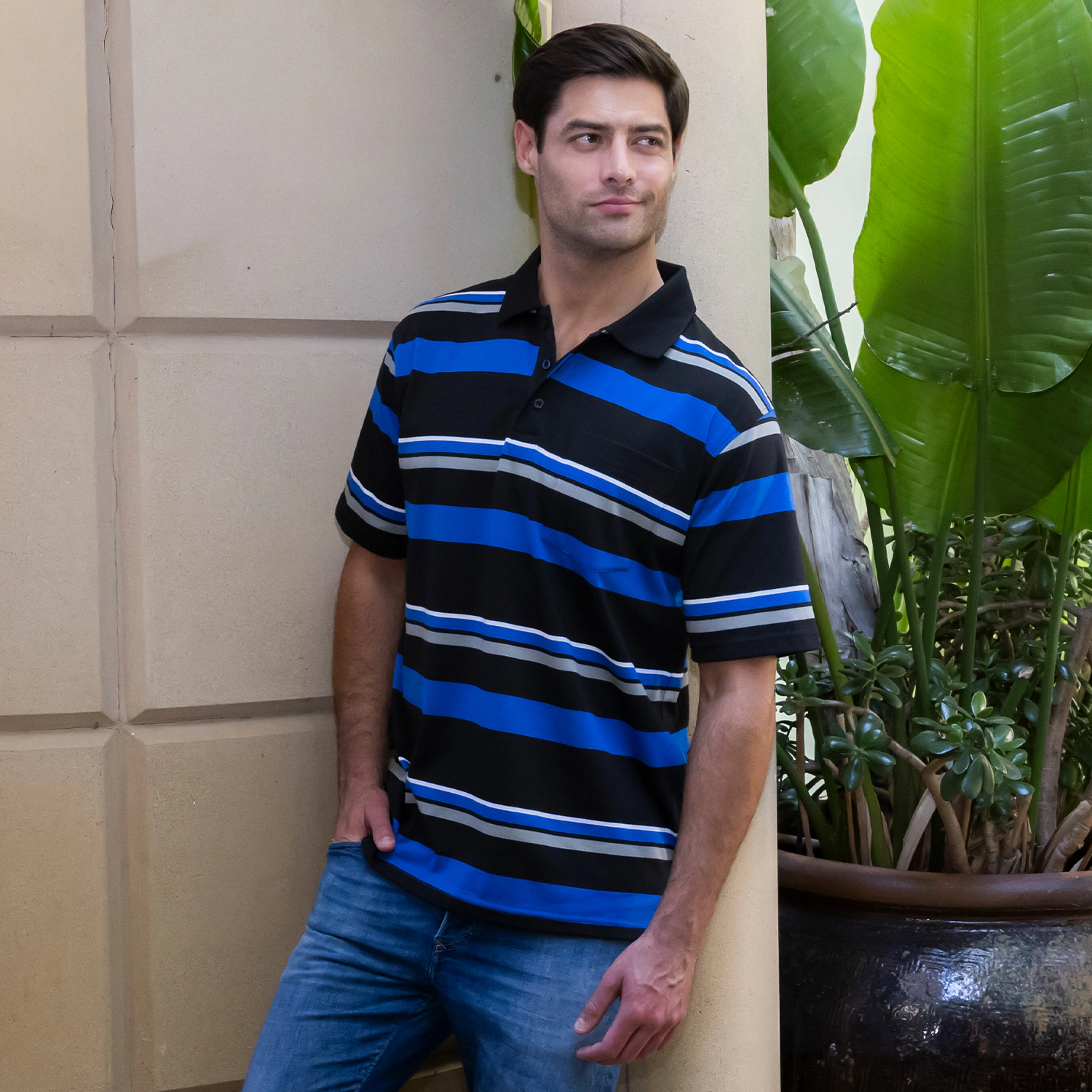 Gioberti Mens Multiple Stripe Polo Shirt With Pocket - Short Sleeve Yarn Dye