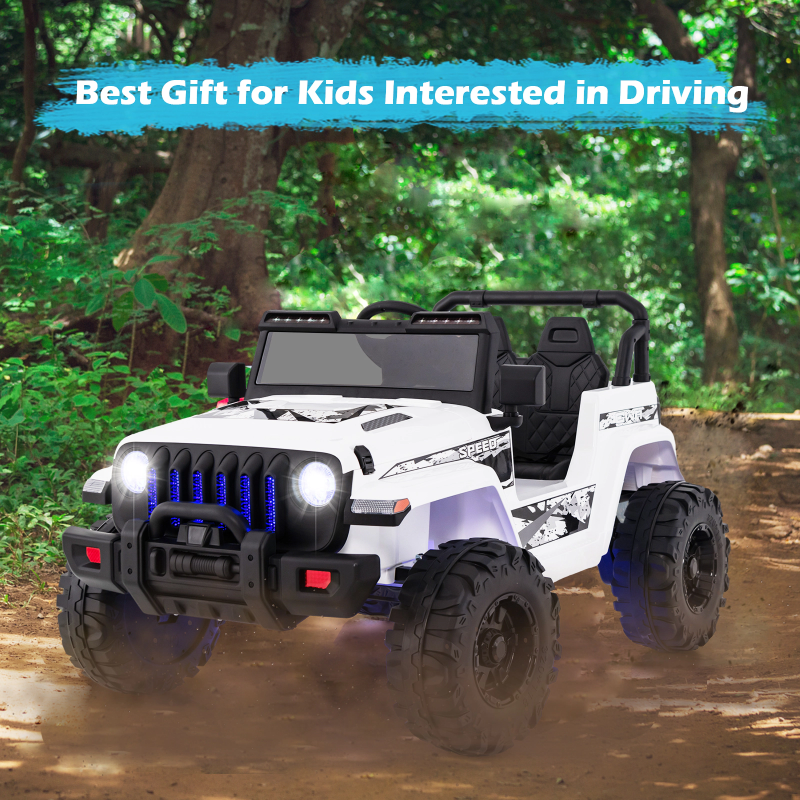 SUGIFT 12V 77-lb Capacity White Off-Road Kids Ride On Car with 2.4G Remote Control Spring Suspension and 3 Speeds