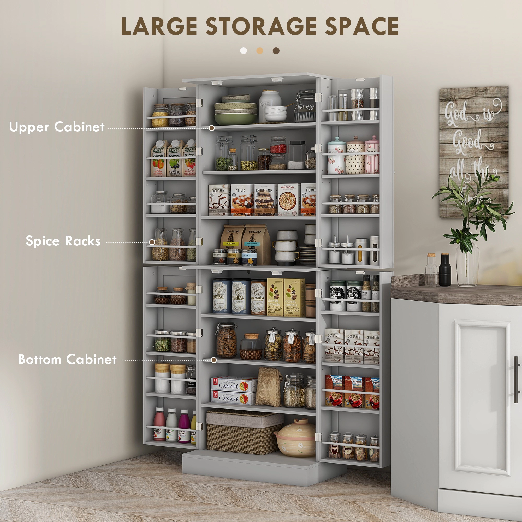 HONGGE 65" Kitchen Cabinet, Kitchen Pantry Cabinet with 4 Doors and 16 Door Shelves for Dining Room