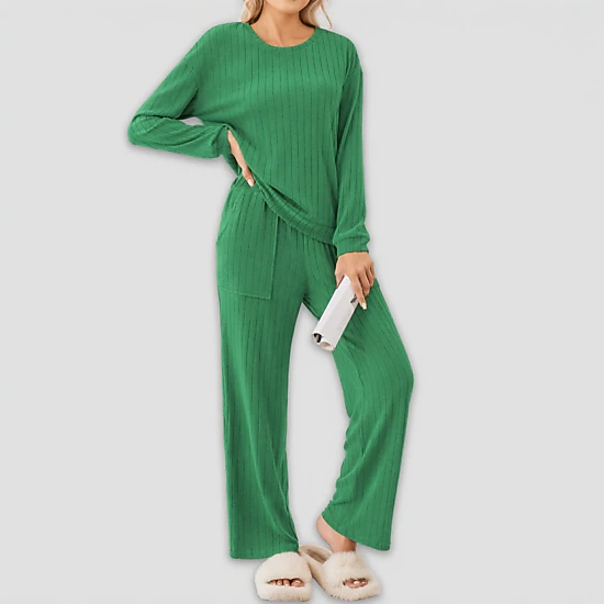 Ekouaer Women's Ribbed Long Sleeve Top and Wide Leg Pants Lounge Set