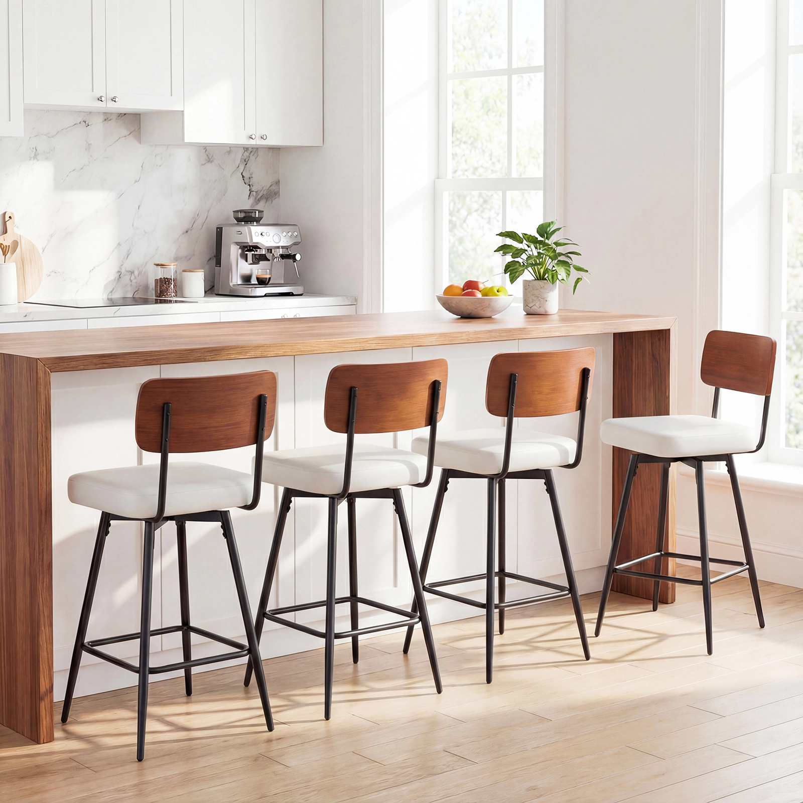 SUGIFT 27-in Padded 360° Swivel Counter Bar Stools Set of 2 Footrest 330-lb Capacity 27-in Seat Height White Cushion