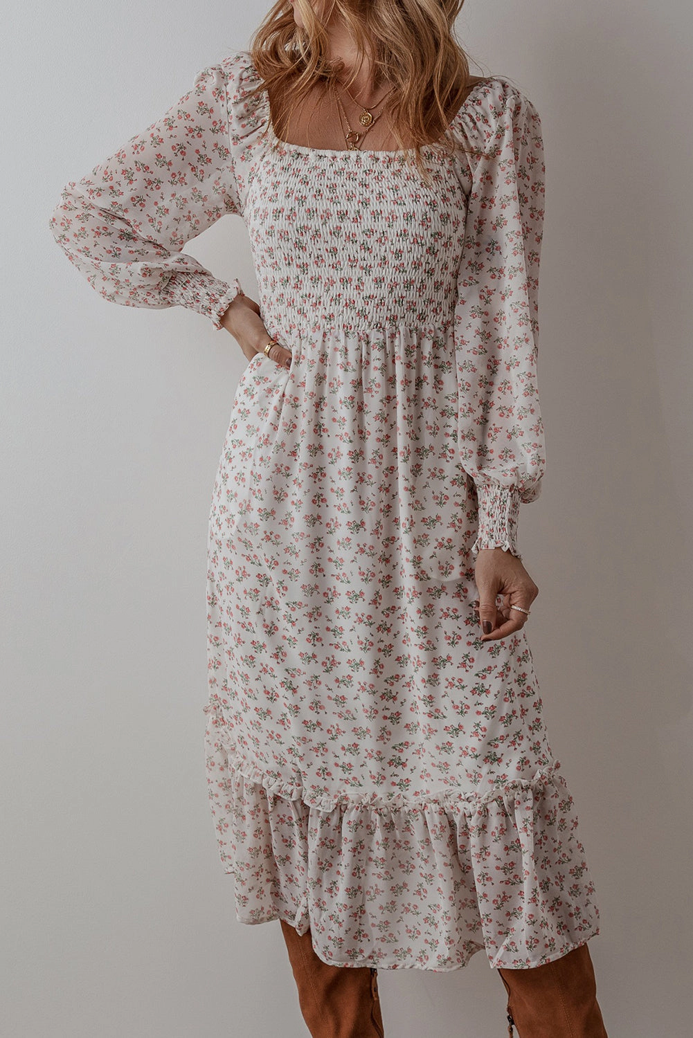 Threaded Pear Women's Delaney Ruffled Hem Square Neck Midi Dress