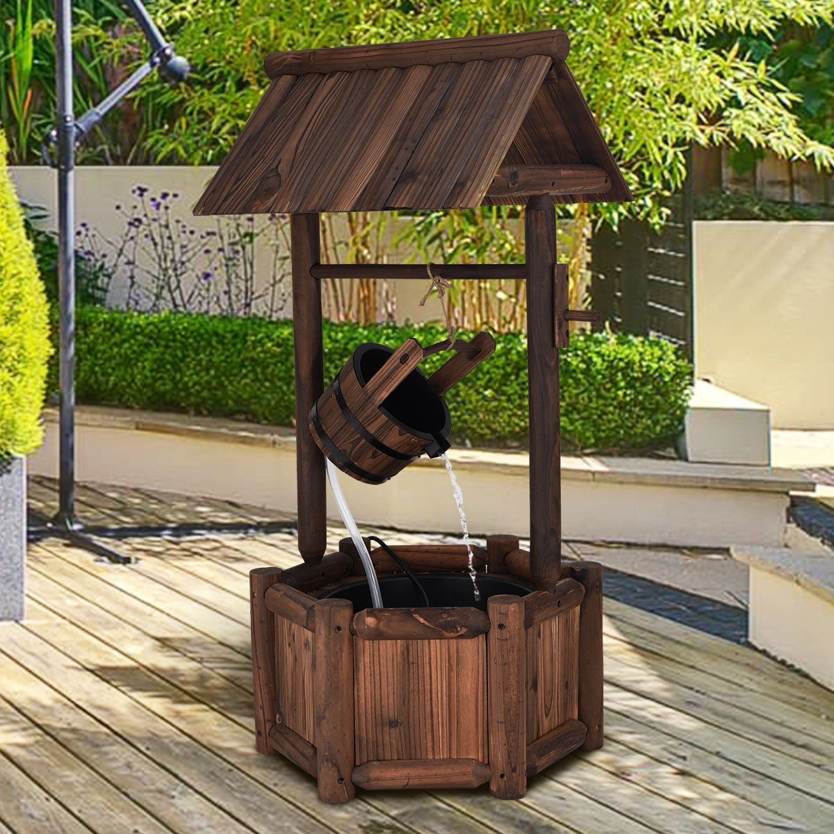 SUGIFT Brown 44.5-in Rustic Wishing Well Fir Wood Garden Fountain with 120V Electric Pump for Yard