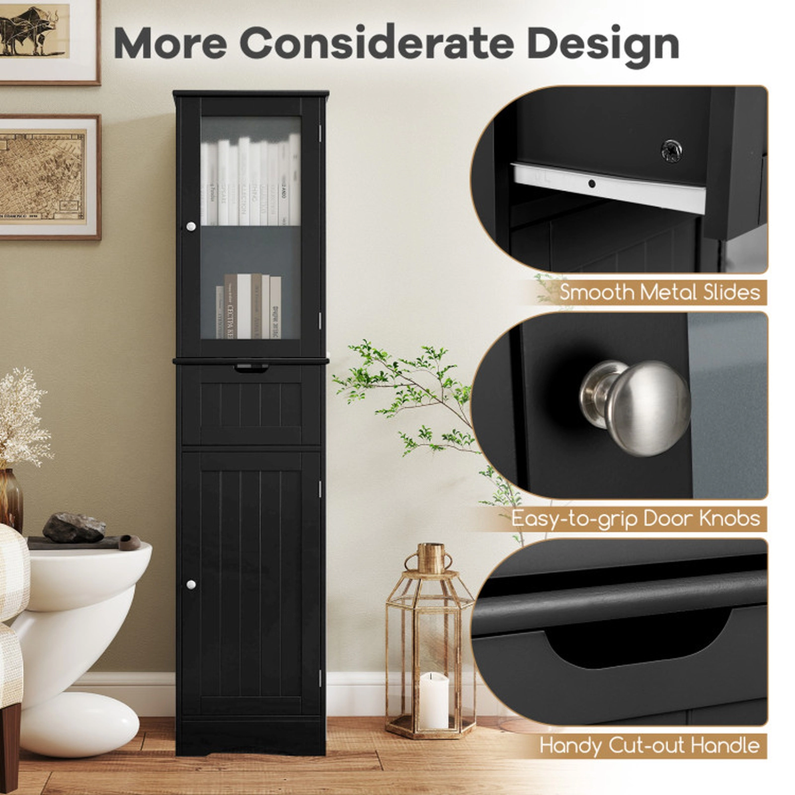 SUGIFT Slim Tall Floor Storage Cabinet with 2 Doors and 1 Drawer 33-lb Shelf Capacity Bathroom Storage Black