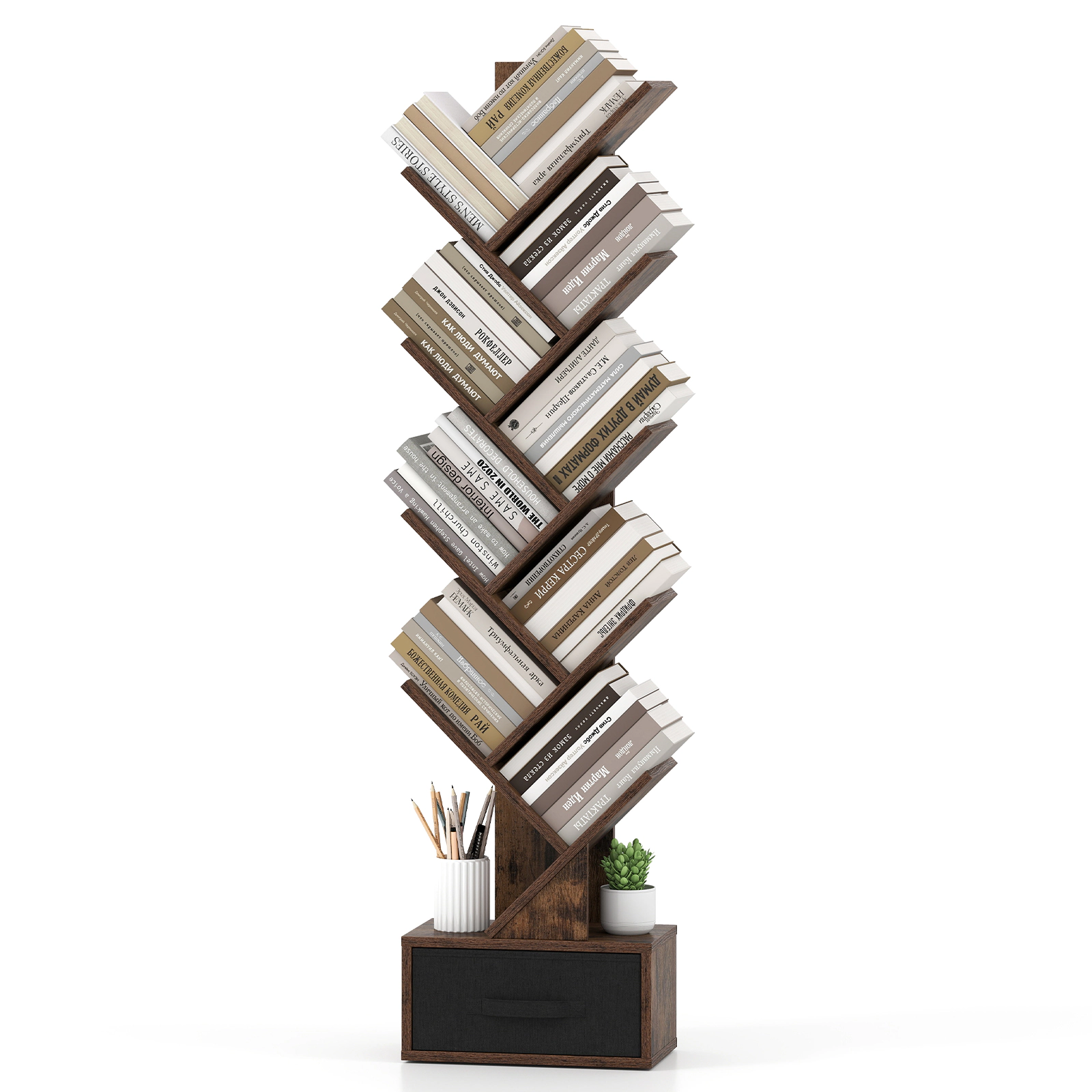 Costway 9-Tier Tree Bookshelf with Drawer Wooden Floor Standing Bookcase White
