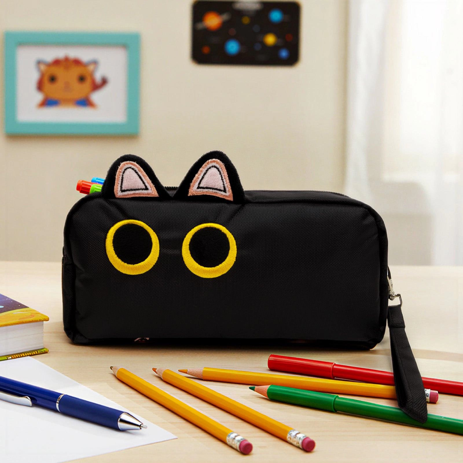 Wrapables 3D Cat 2-Compartment Pencil Case, Midnight Cat