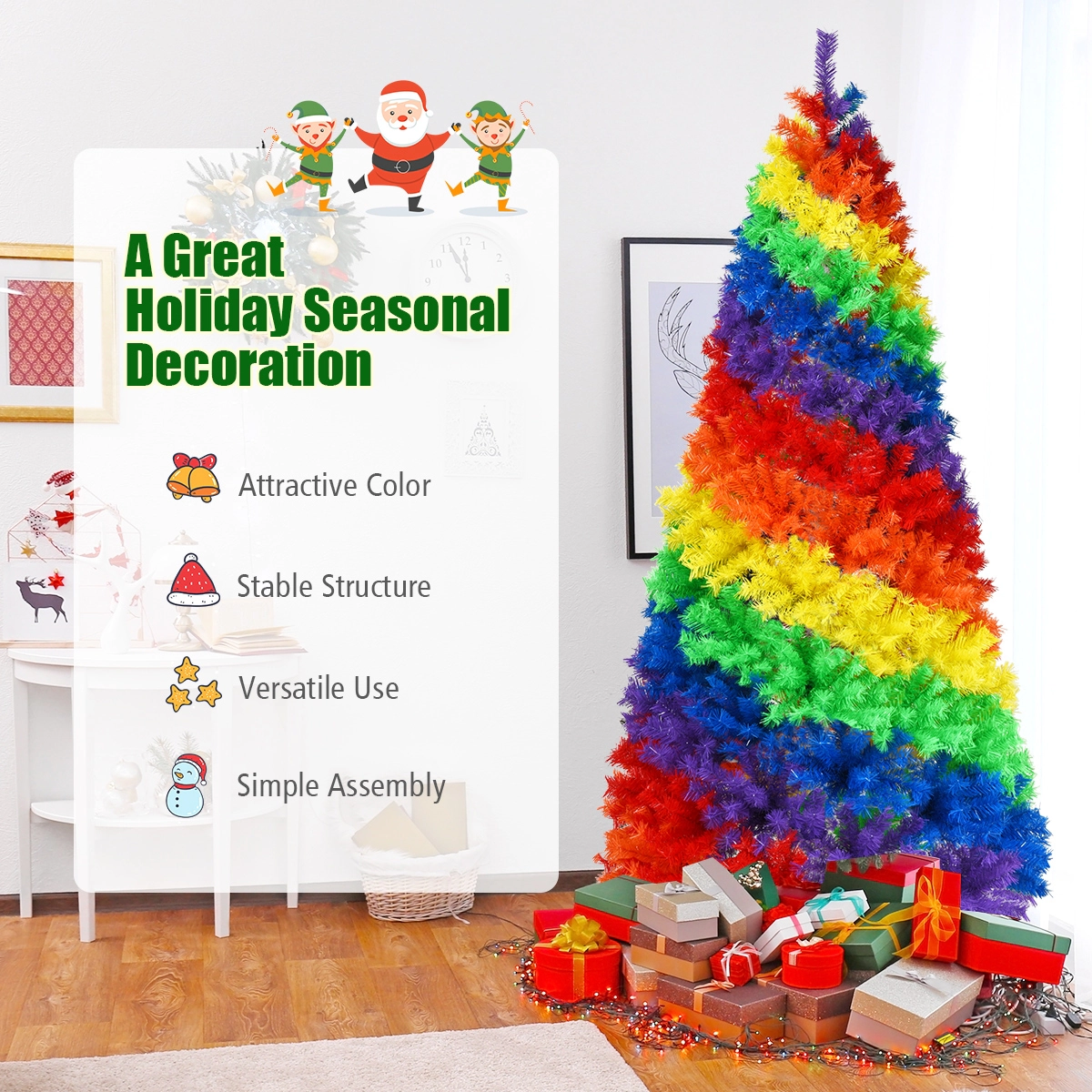 SUGIFT 7 ft Rainbow Christmas Tree Multicolor Artificial Hinged Tree with Metal Stand