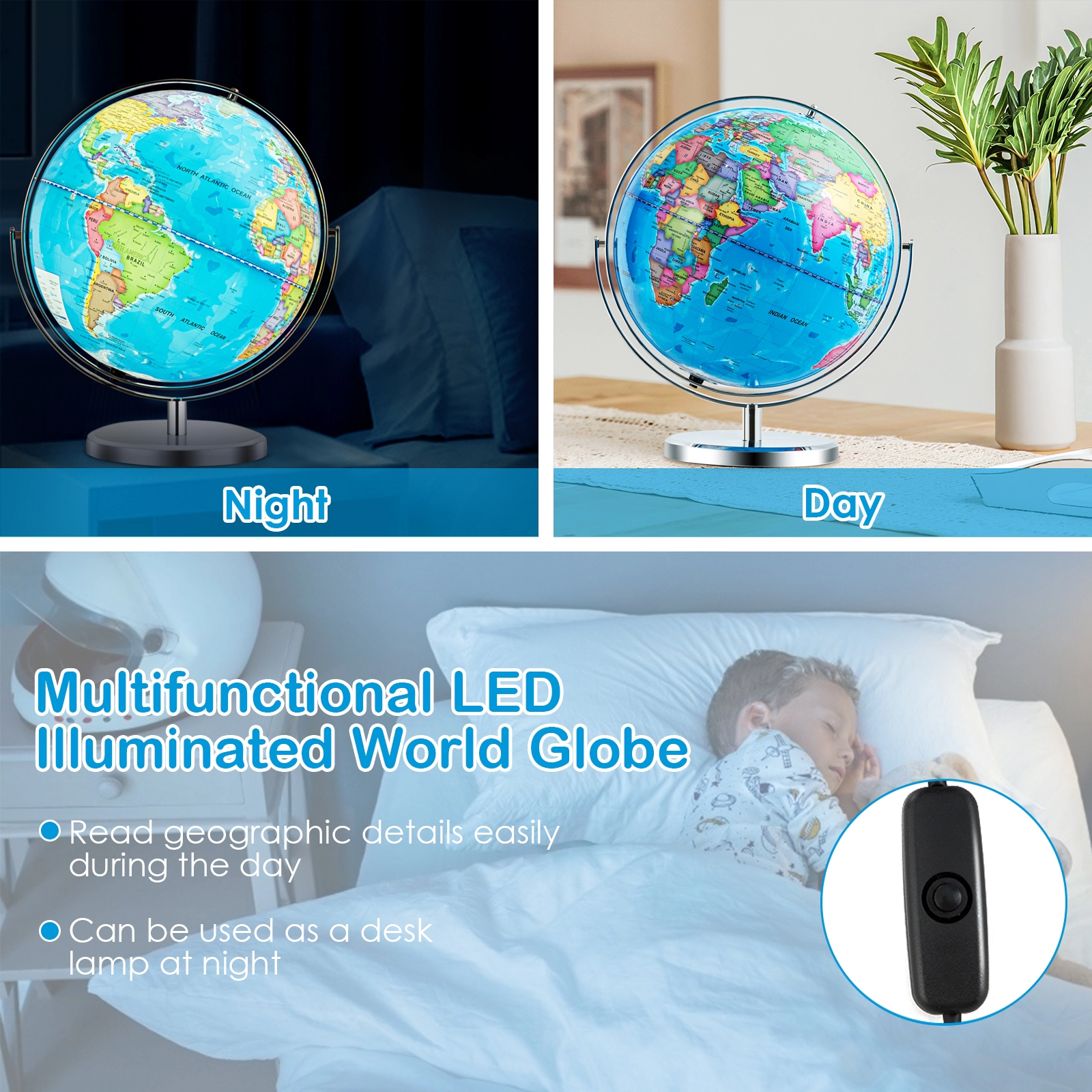 SUGIFT Kids 720-Degree Rotating LED Light Chrome Base World Globe 13-in Diameter 16-in Height 2.51-lb Net Weight Blue