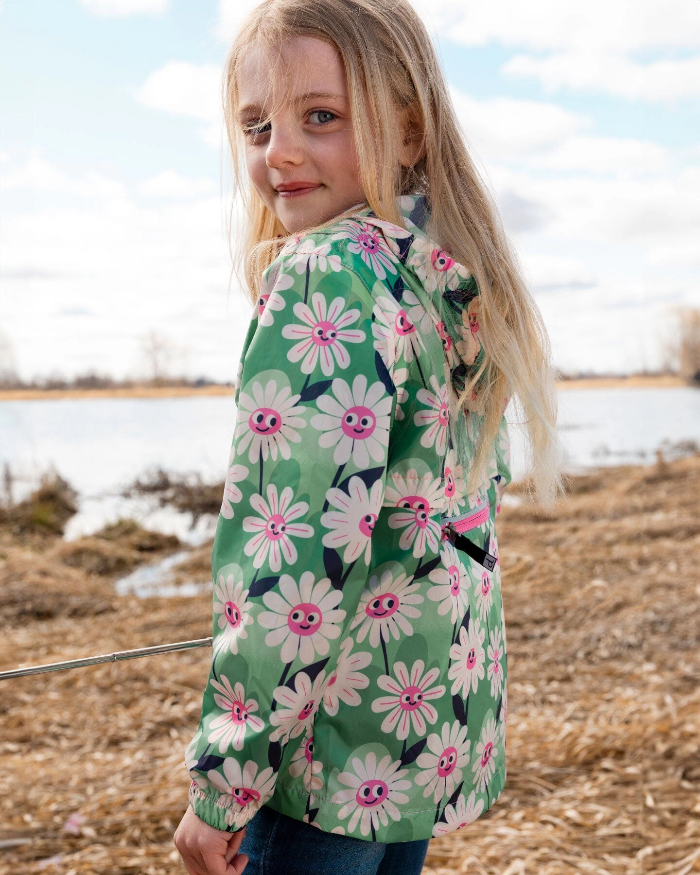 Deux par Girls Packable Windbreaker Polyester Smiling Flower Print