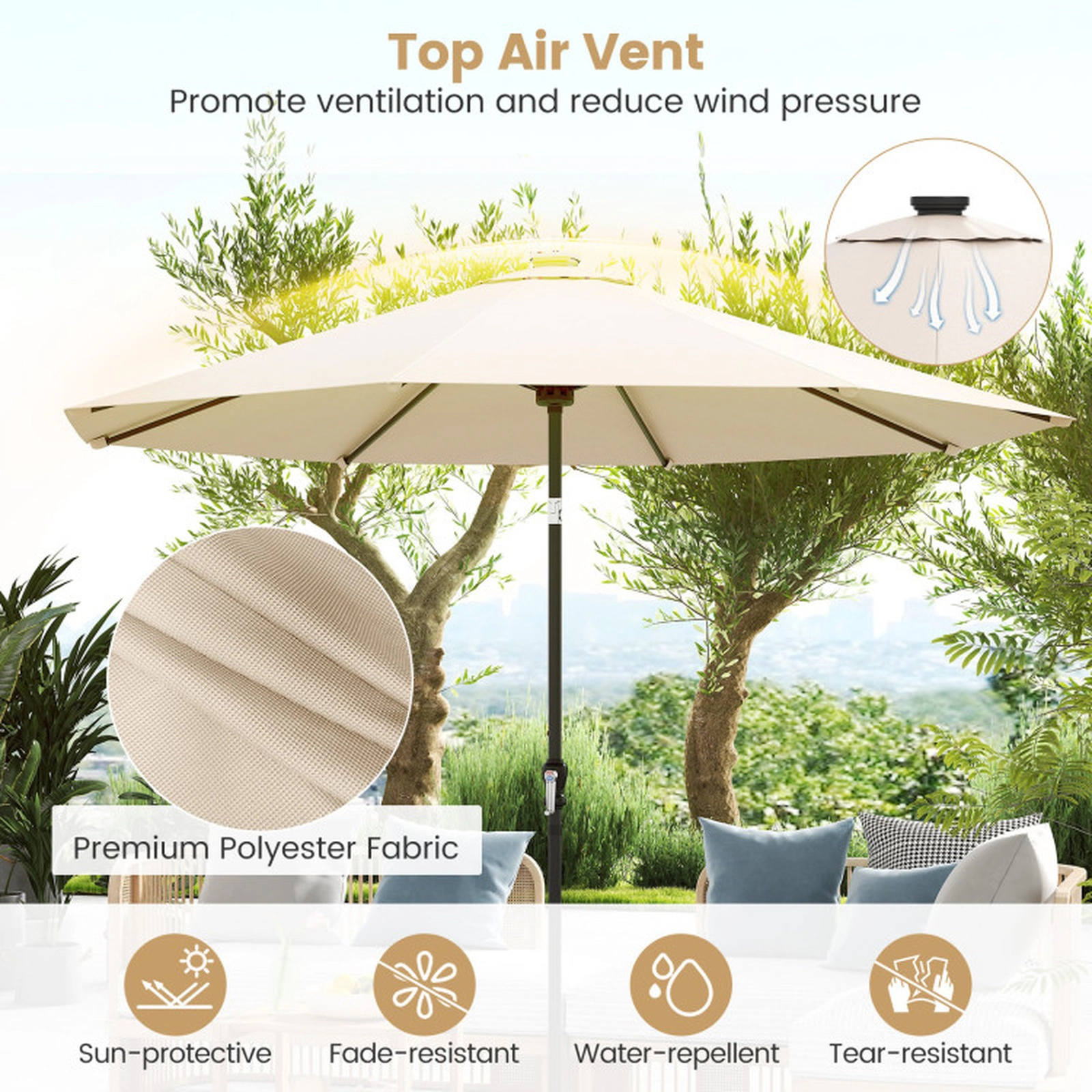 SUGIFT 10-ft Beige Solar LED Patio Umbrella with 96 Bulbs, 9 Modes and Vented Top