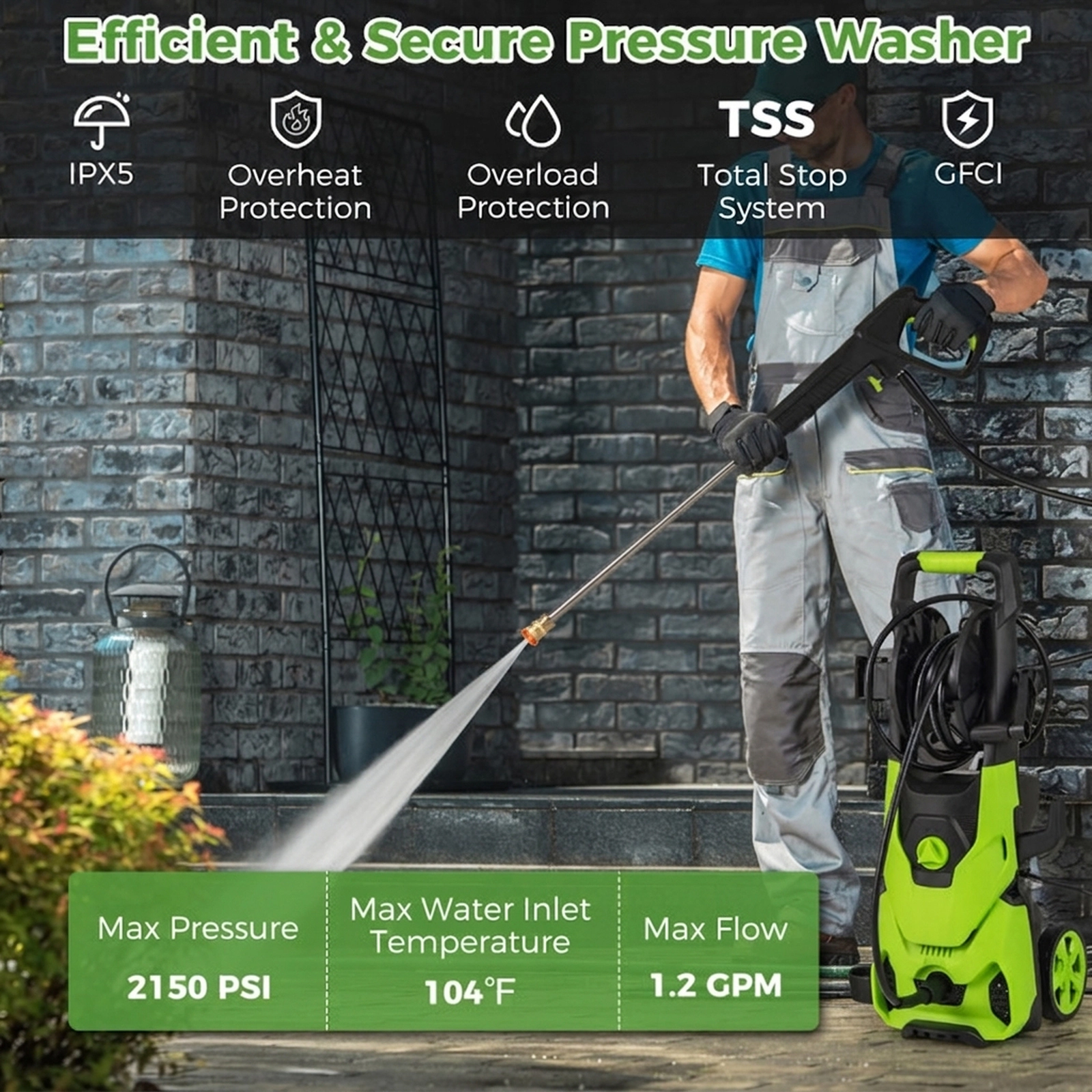 SUGIFT 2150-PSI Green Electric Pressure Washer with 4 Nozzles and Foam Cannon 1.2-GPM 14-in W 11-in D 29-in H