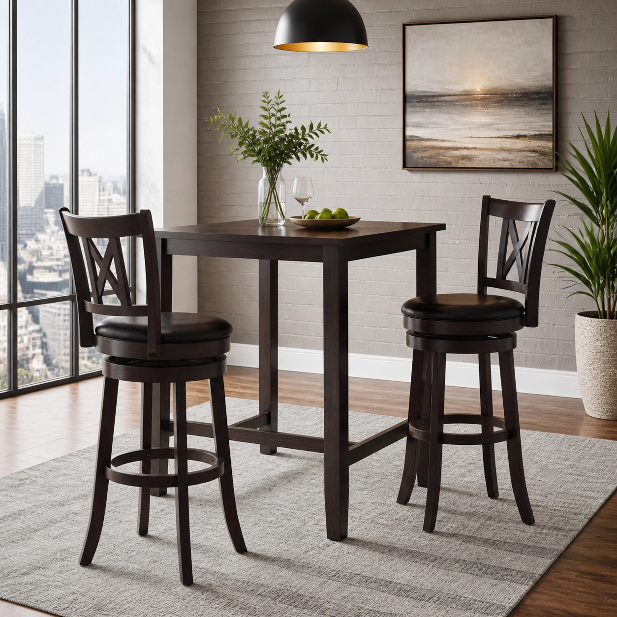 SUGIFT Set of 2 30-in Dark Chocolate Swivel Bar Stools, Hollow Back and Footrest