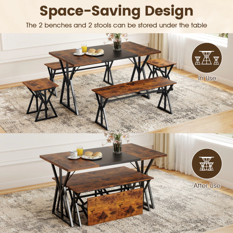 Hivvago 5-Piece Dining Room Set Industrial Rectangular Kitchen Table With 2 Benches And 2 Stools