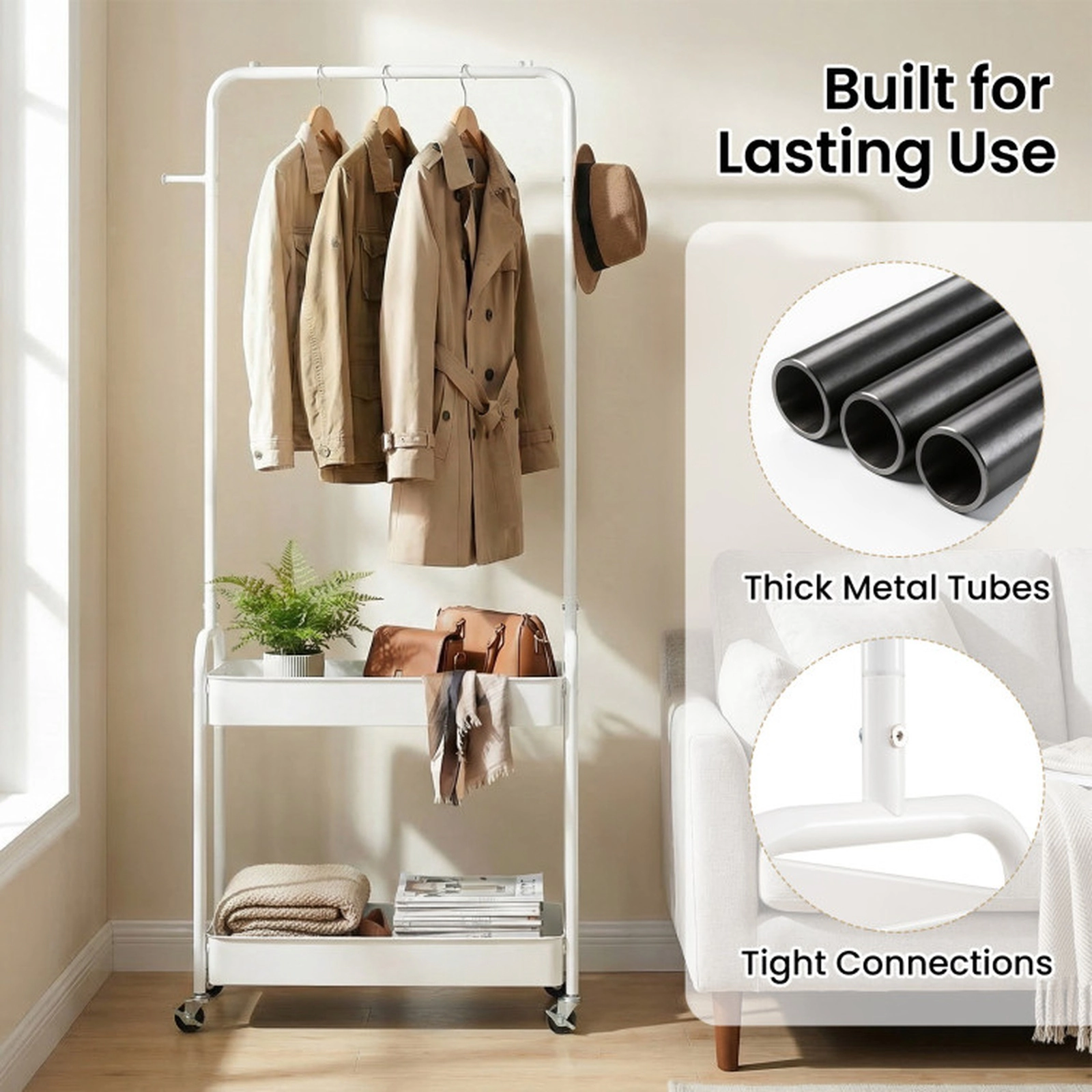 SUGIFT 65-in 80-lb Capacity White Rolling Clothes Rack with Hanging Rod Hooks and 2 Storage Baskets