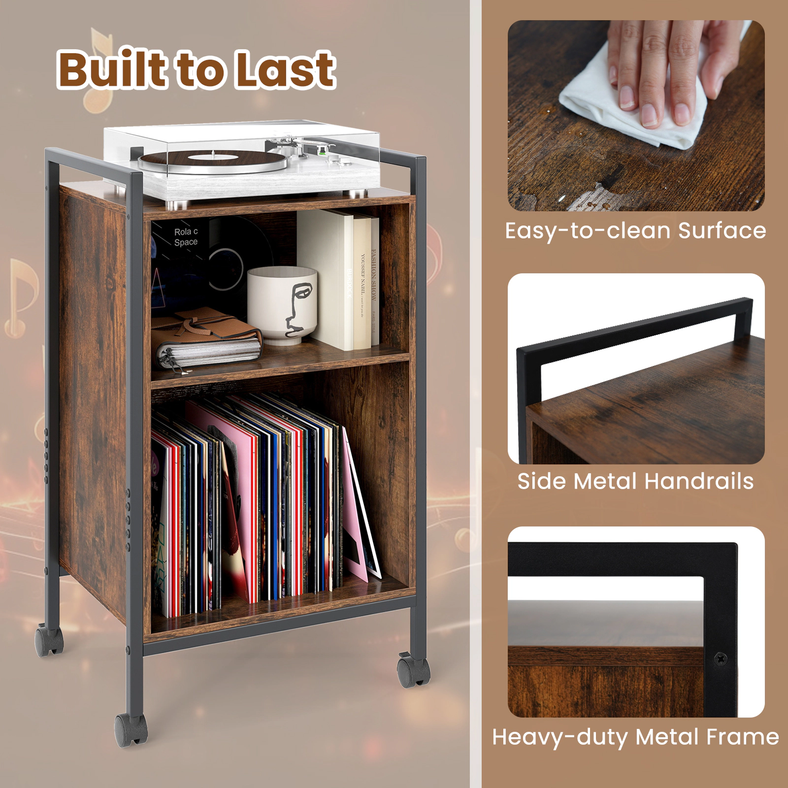 Glintex Mobile Record Player Stand with Side Handrails Charging Ports and Brakes, Rustic Brown