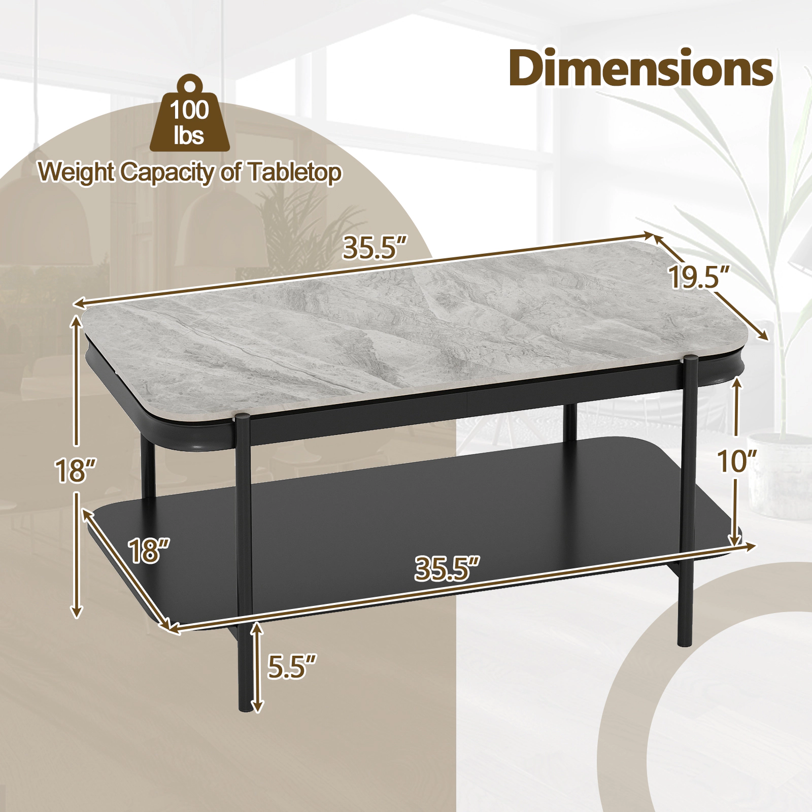 SUGIFT 2-Tier Sintered Stone Top Black Metal Frame Modern Coffee Table 35.5-in x 19.5-in x 18-in 100-lb Capacity Gray