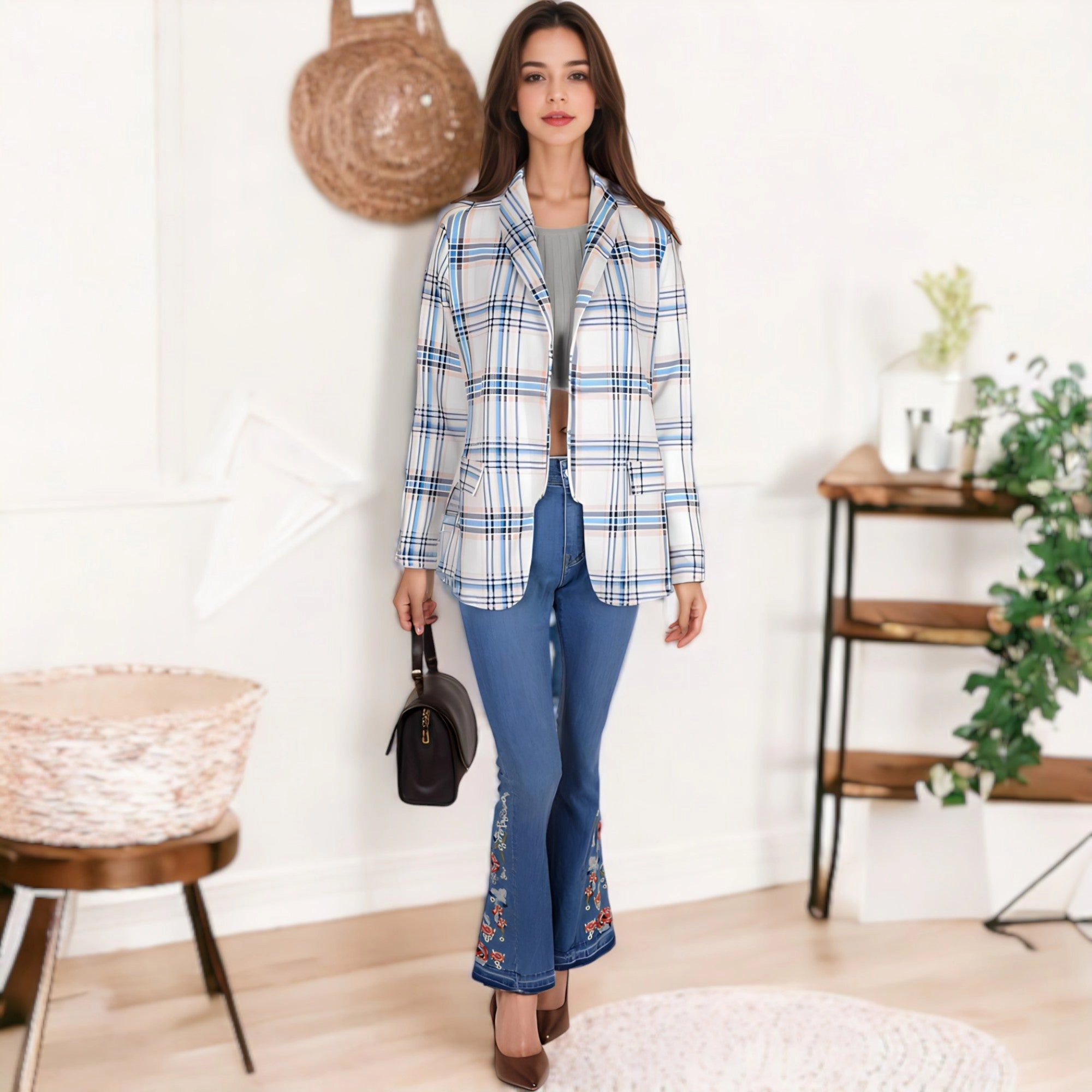 Anna-Kaci Women's Open Front Plaid Blazer Coat Jacket Long Sleeve Mock Front Pockets Formal Work Attire