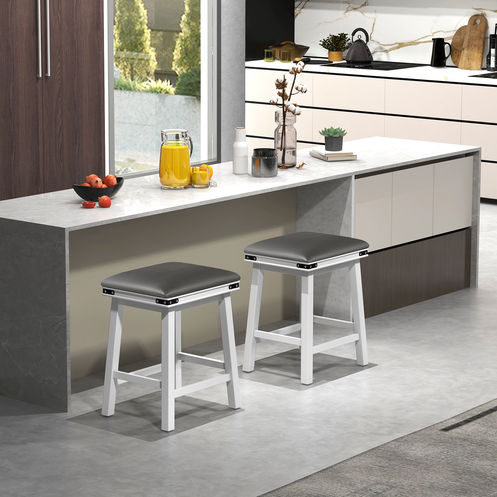 SUGIFT Acacia Wood Frame and Padded PU Leather Seat Set of 2 White Bar Stools