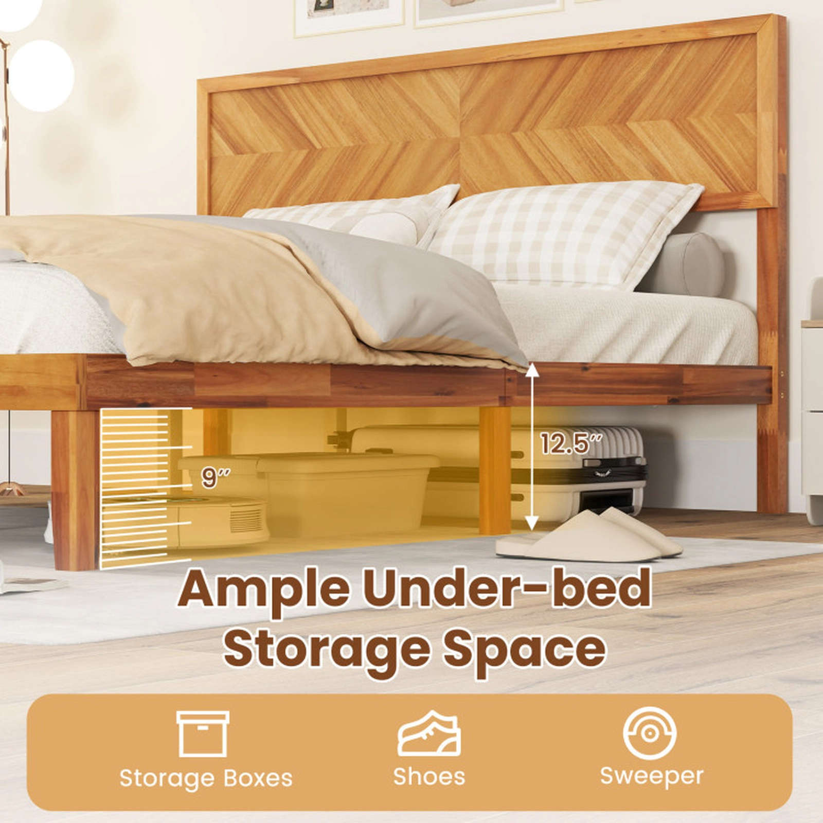 SUGIFT Platform Queen Size Bed Frame with Headboard and Under-Bed Storage 660-lb Capacity Rustic Golden Brown