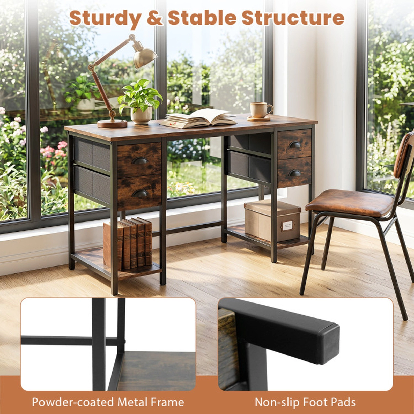 SUGIFT 48-in Computer Desk with Power Outlet 110-lb Tabletop Capacity with 4 Fabric Drawers Rustic Brown & Black