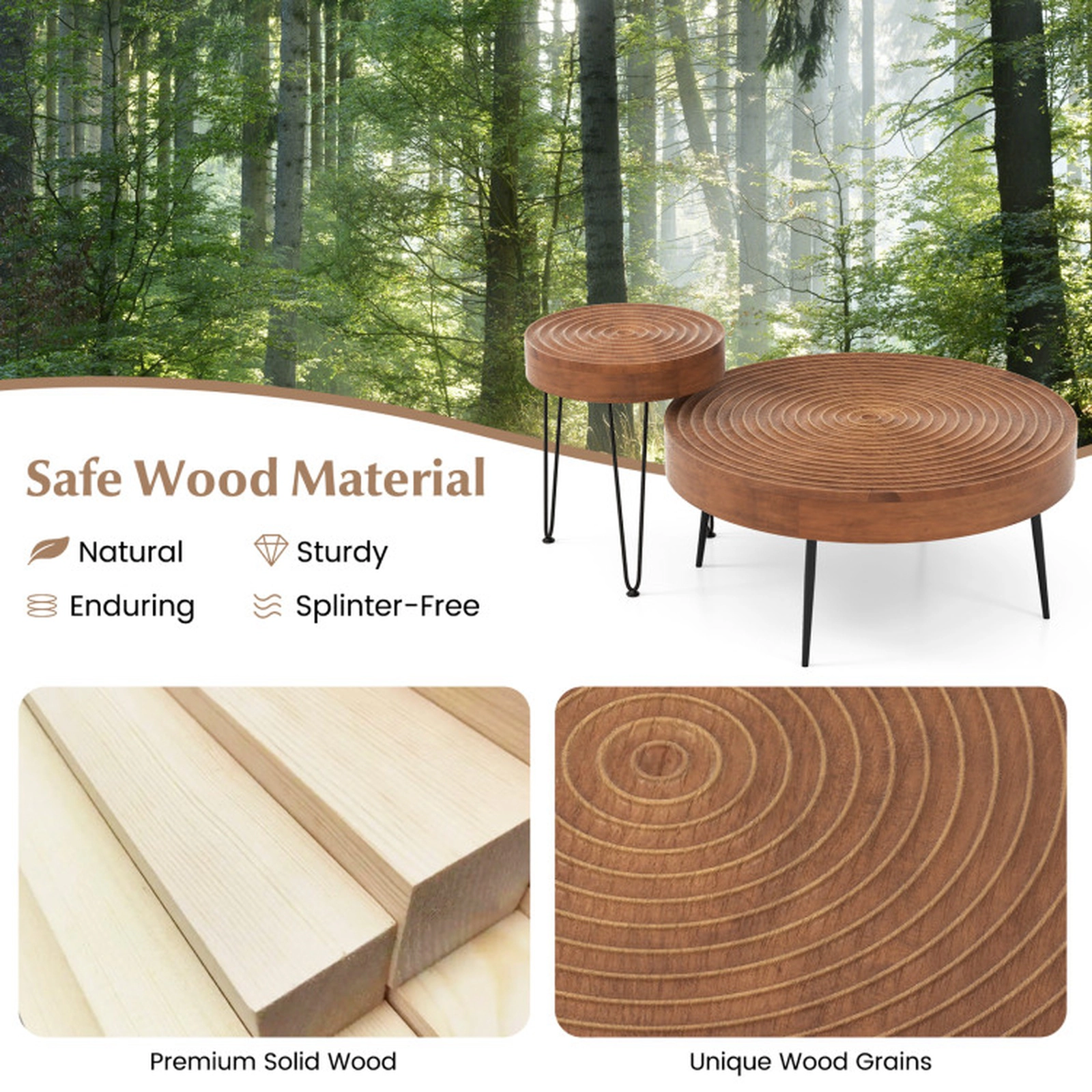 SUGIFT Set of 2 Solid Pine Wood Ring Pattern Farmhouse Round Coffee Tables 180-lb and 135-lb Capacity Natural