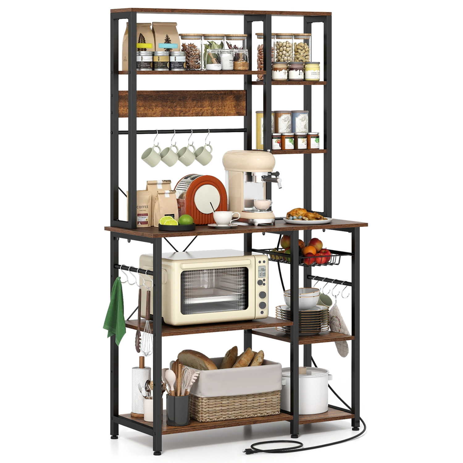 LJG 6-Tier Bakers Rack with Power Outlet Stand Wooden Open Shelves