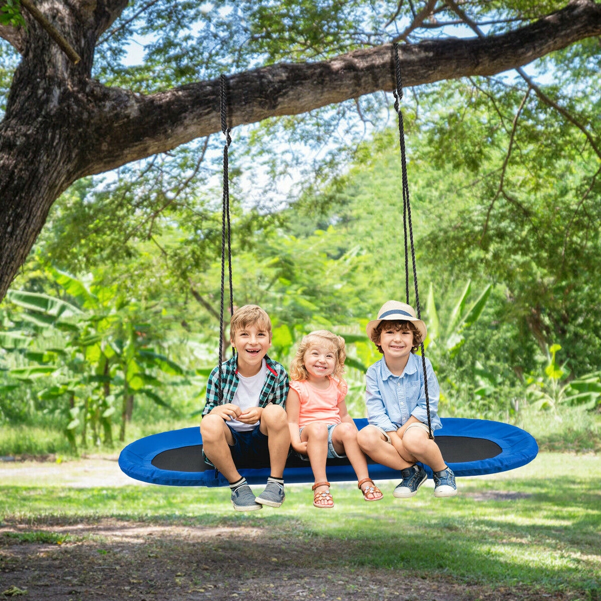 SUGIFT Kids Blue Outdoor Oval Saucer Swing with Adjustable Ropes 60-in W 32-in D 40-in to 63-in H 700-lb Swing Capacity