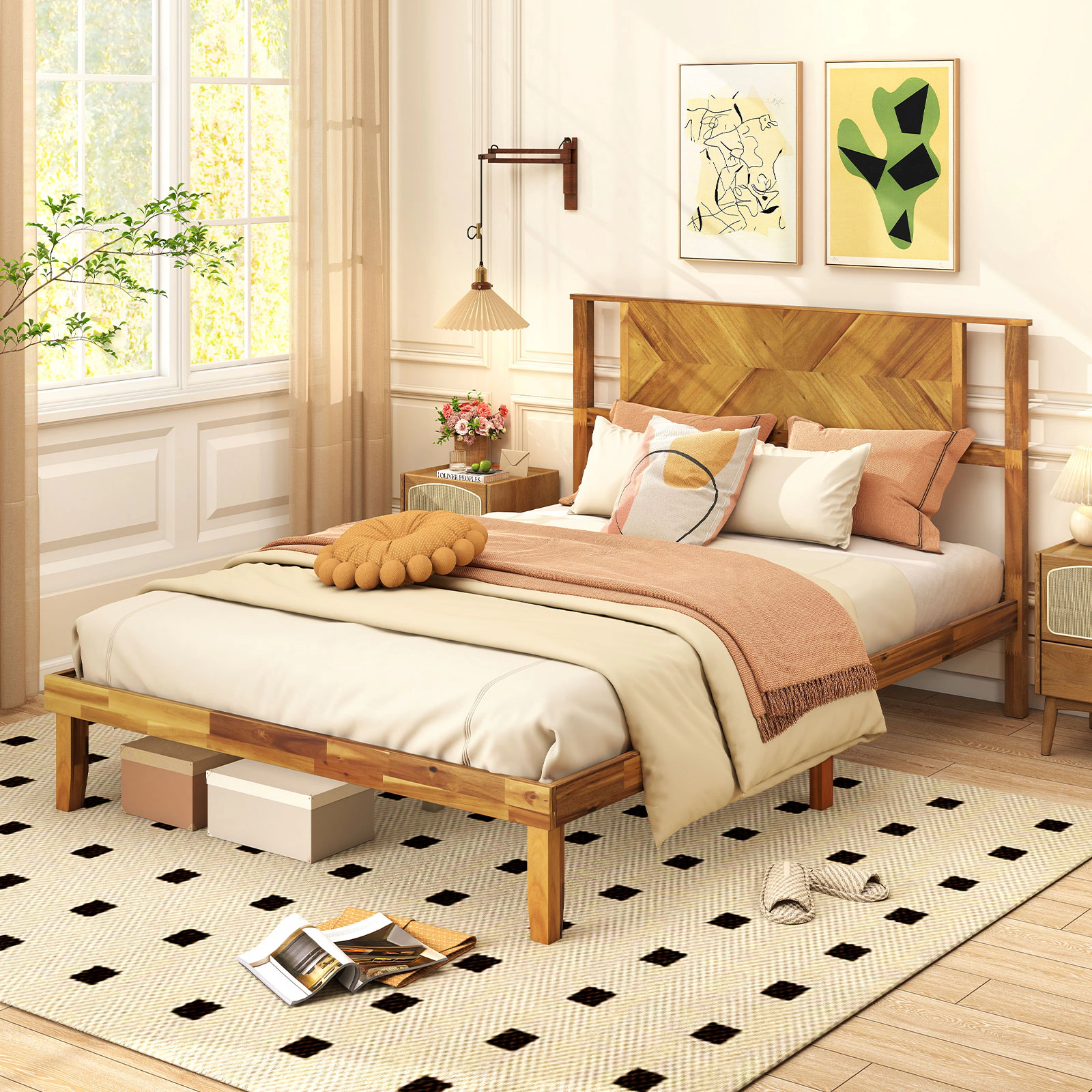 SUGIFT Full Platform Bed Frame, Acacia Wood, Curved Retro Headboard, 800-lb Capacity, Golden Brown