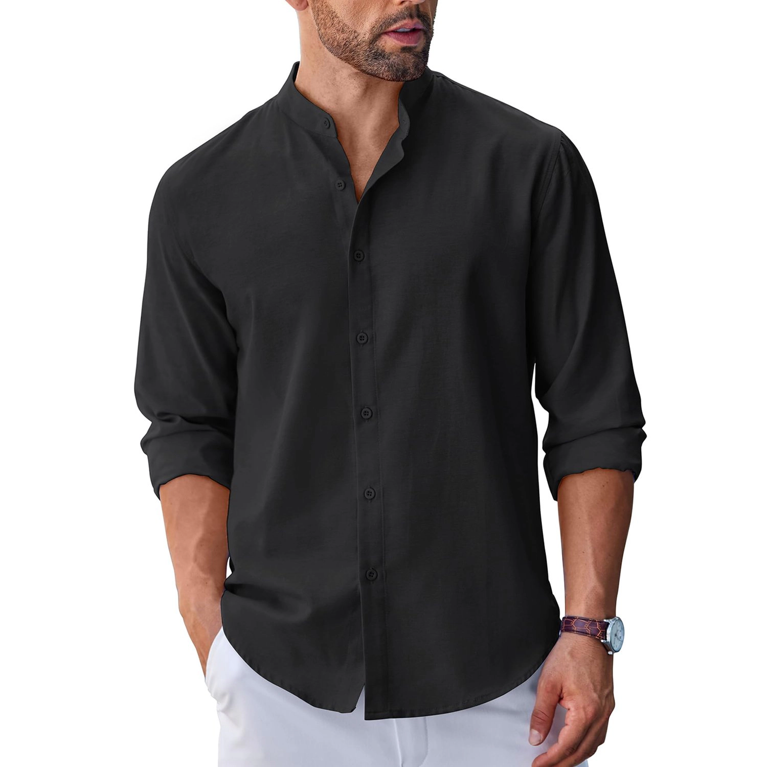 COOFANDY Mens Casual Long Sleeve Shirts Henley Band Collar Button Down Curved Hem