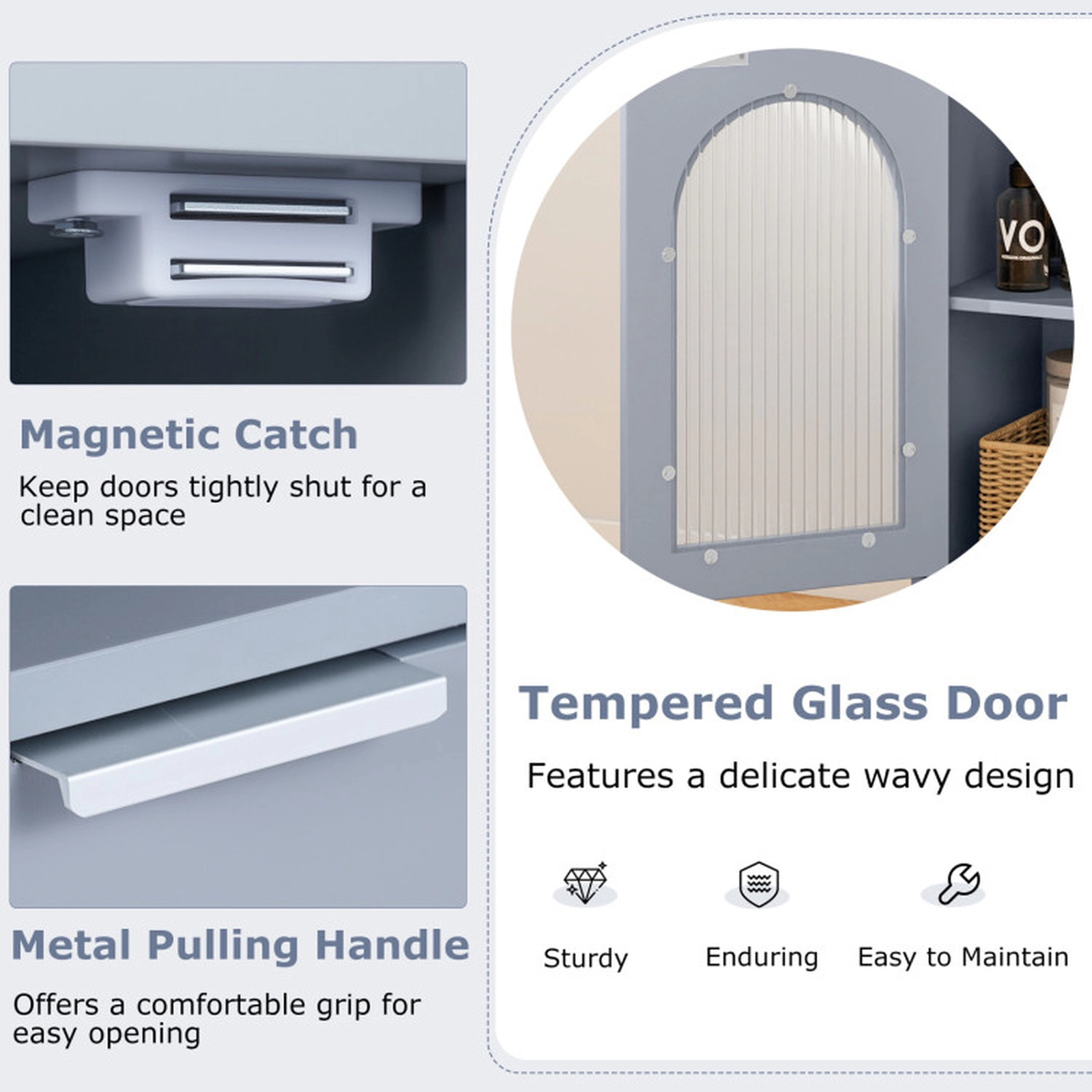 SUGIFT Tempered Glass Door Solid Wood Legs Side Bathroom Floor Storage Cabinet 14-in x 12-in x 35.5-in 110-lb Top Gray