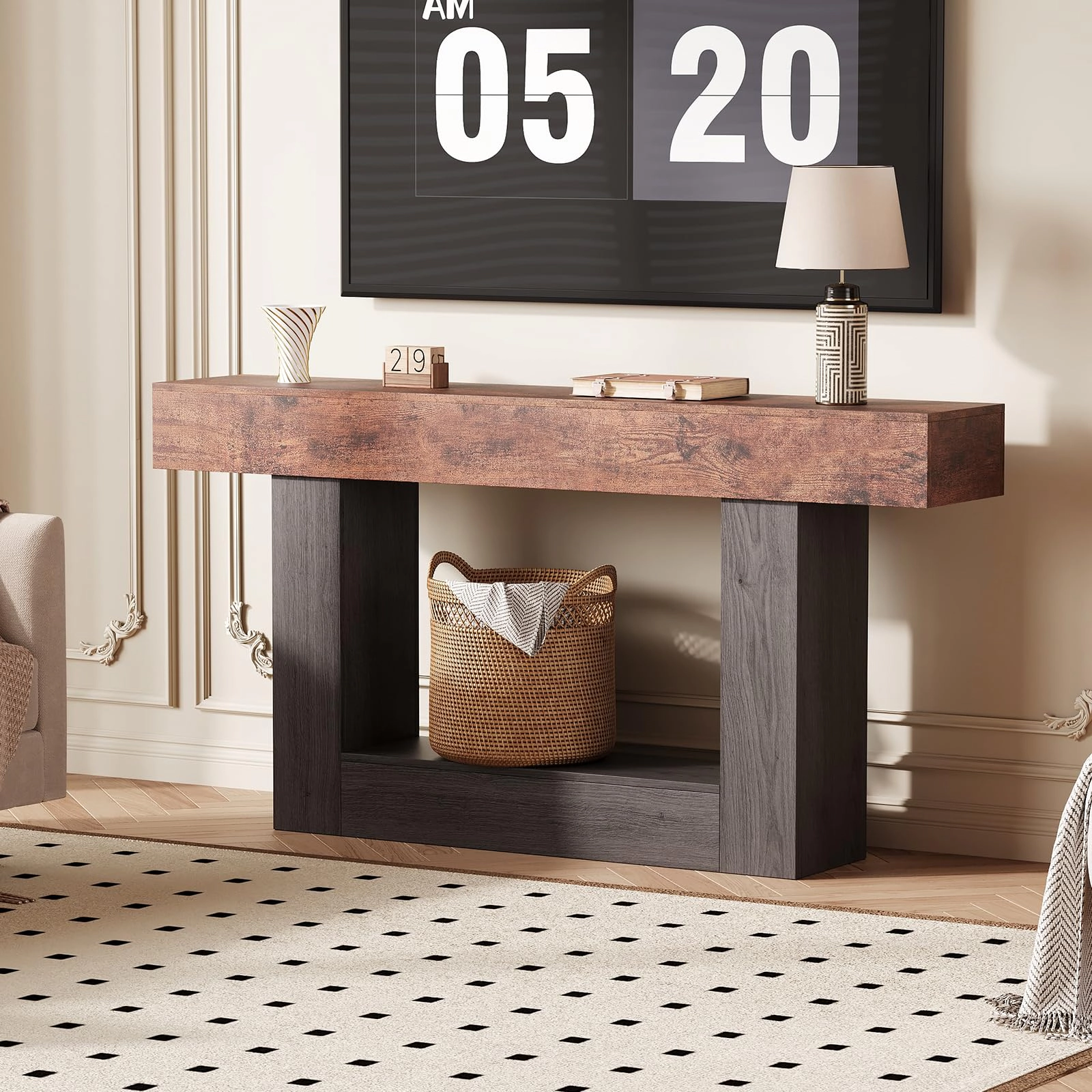 BebreezChic 63" Farmhouse Console Table with Charging Station, 2-Tier Narrow Entryway Sofa Table with Shelf