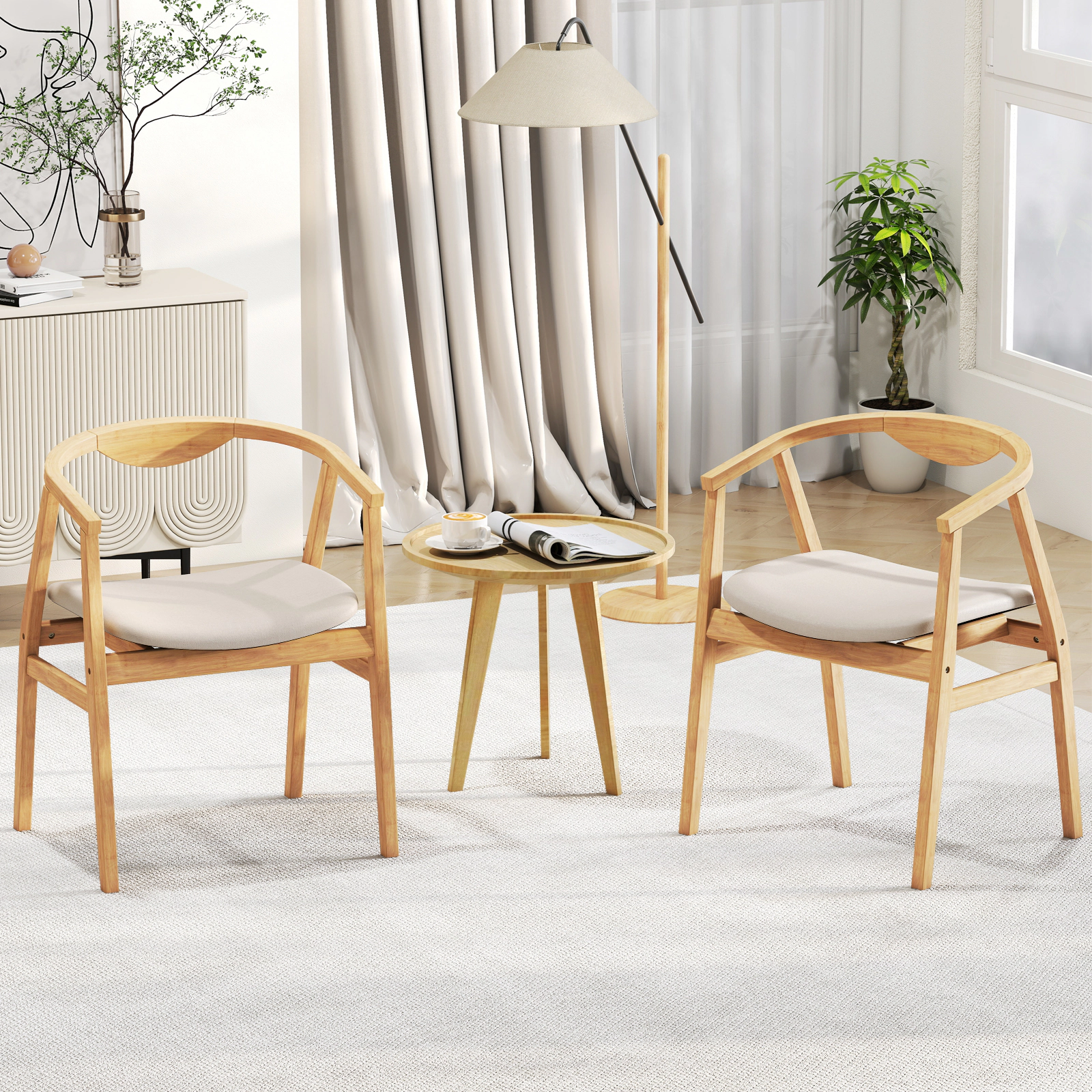 SUGIFT Natural Bamboo Dining Chair, Curved Backrest, Armrests, Padded Cushion, 330-lb Capacity