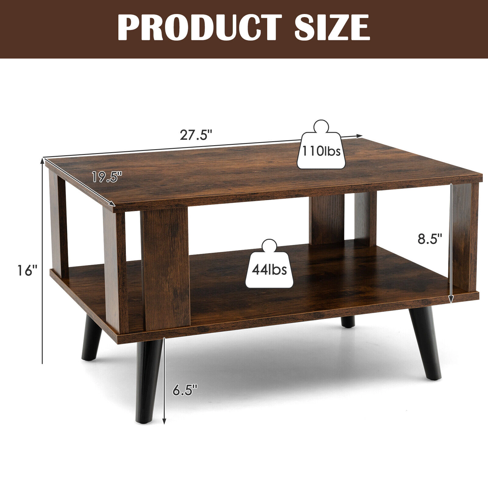 Glintex Compact 28-Inch Mid-Century Coffee Table with Open Storage Shelf, Rustic Brown