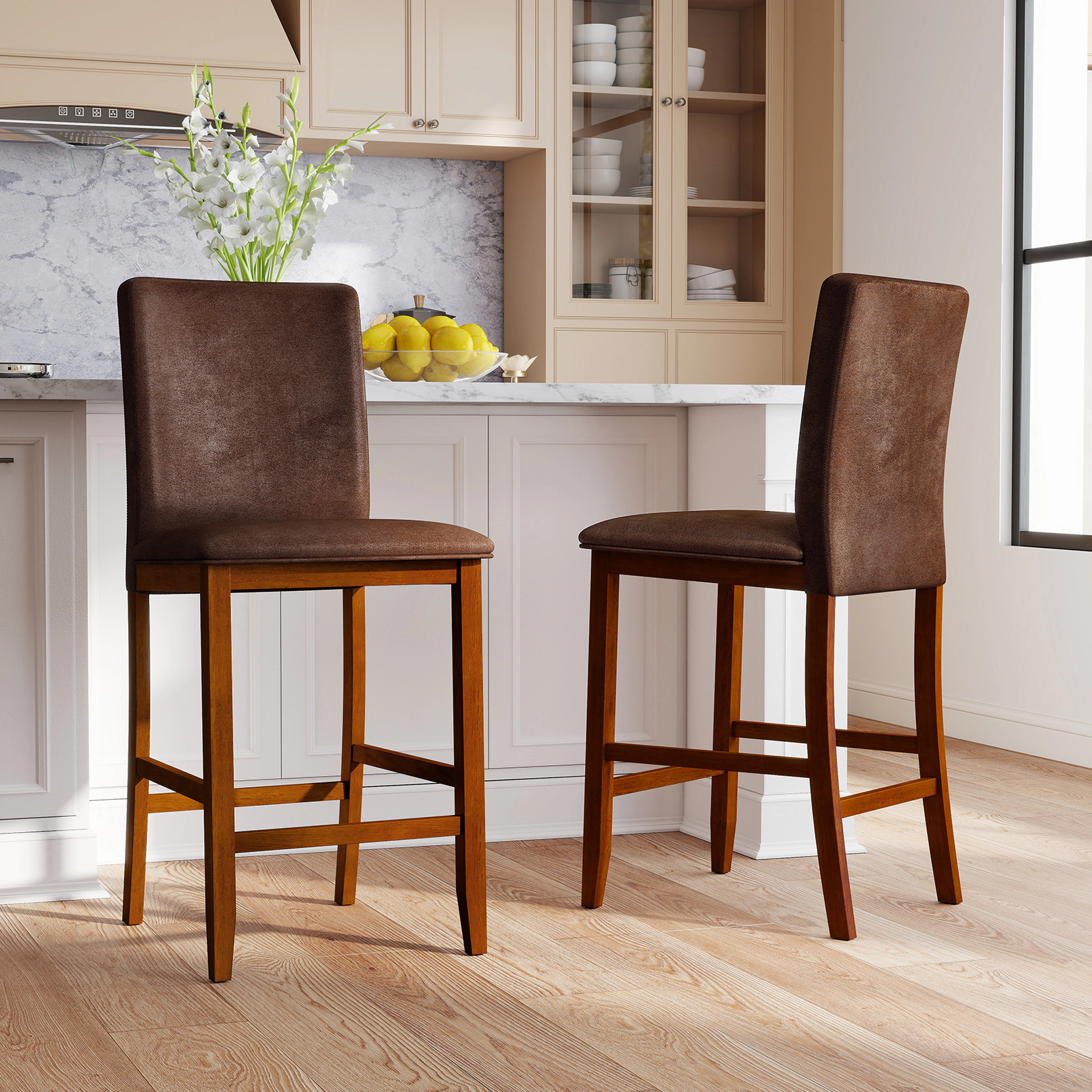 Glintex 2-Piece 26-Inch Counter Stool Set with Curved Back and Polyester Seat, Walnut + Brown