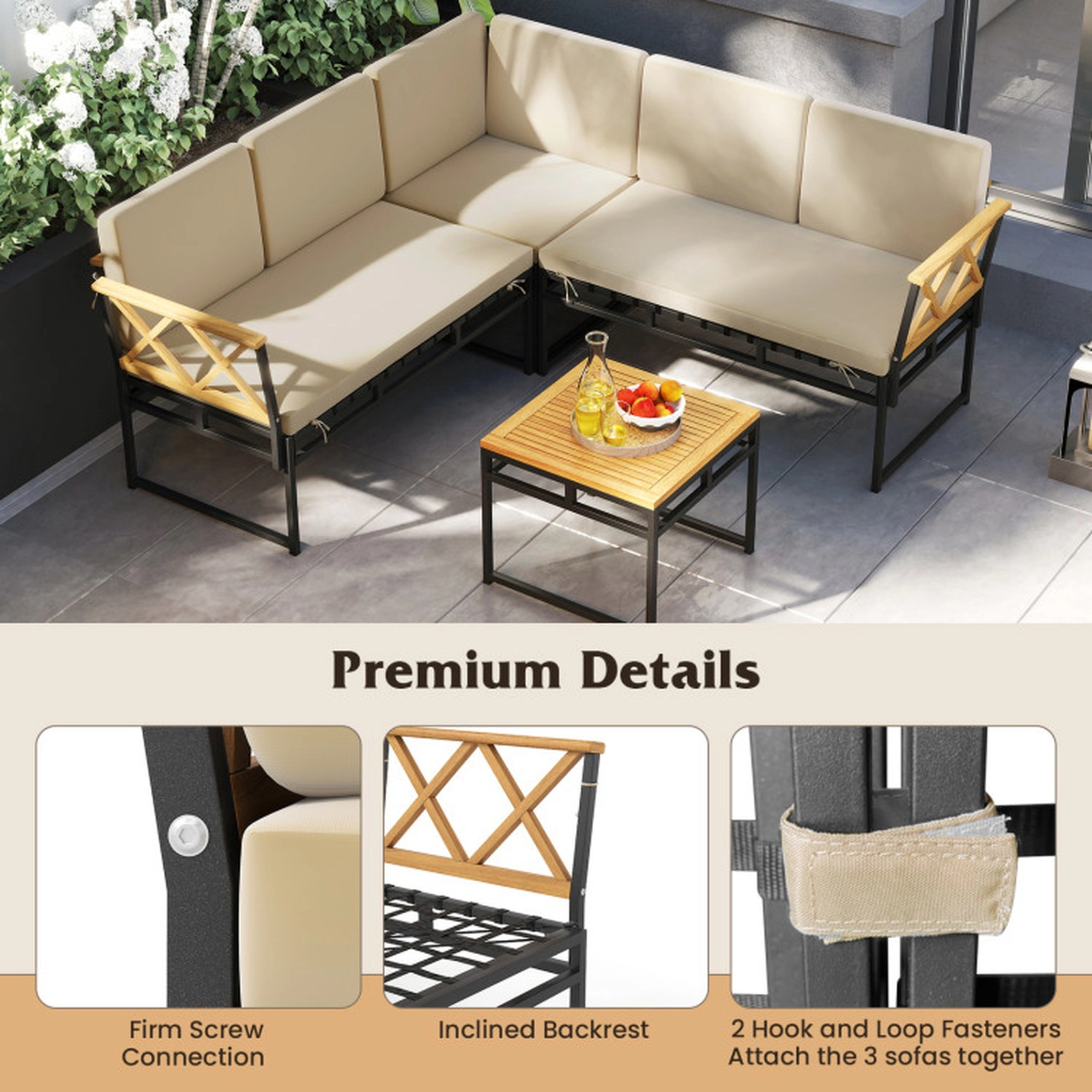 SUGIFT Brown Acacia Wood Armrests and Coffee Table 4-Piece Patio L-Shaped Sofa Set