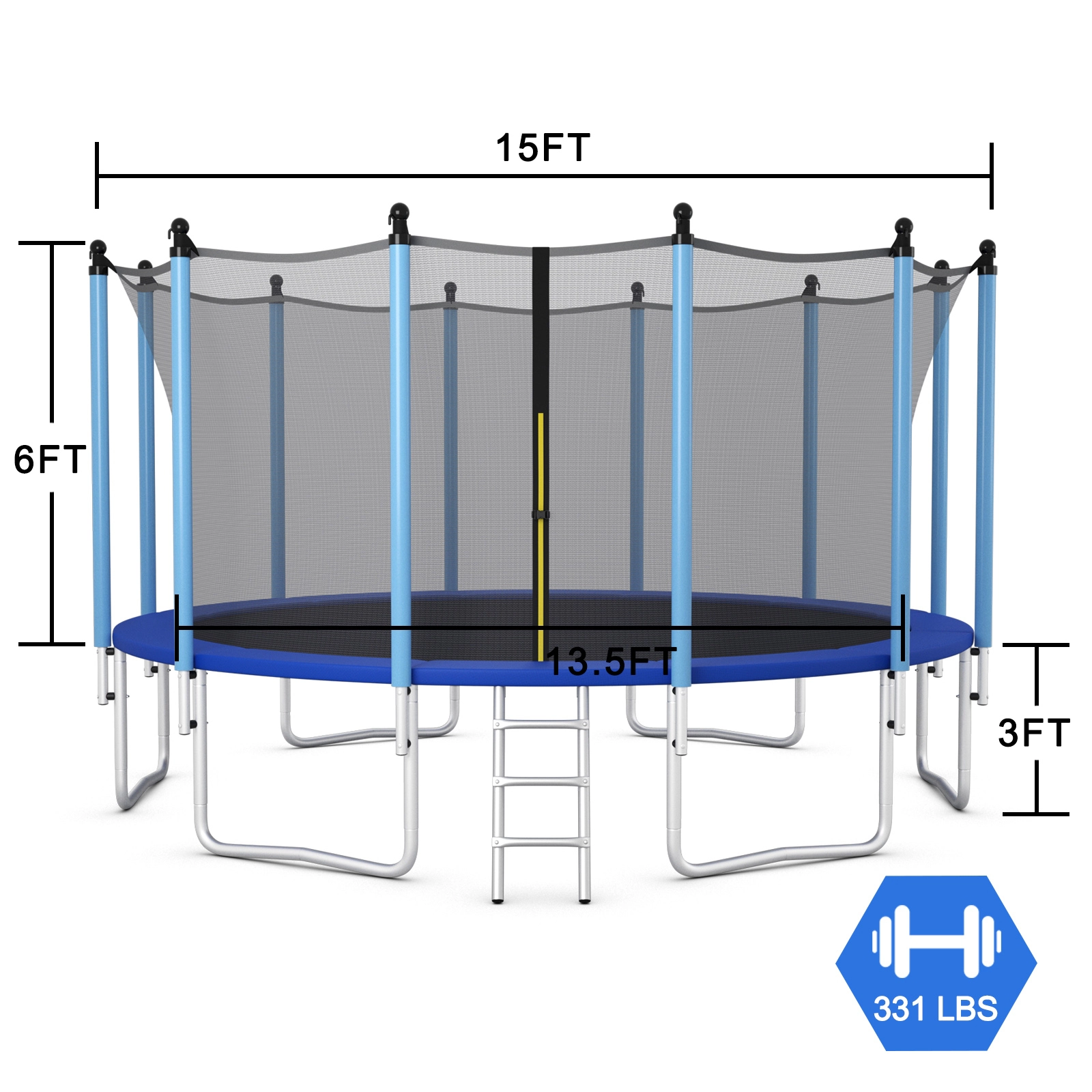 SUGIFT Blue 6 FT Safety Enclosure Net and Ladder 15 FT Outdoor Kids Trampoline
