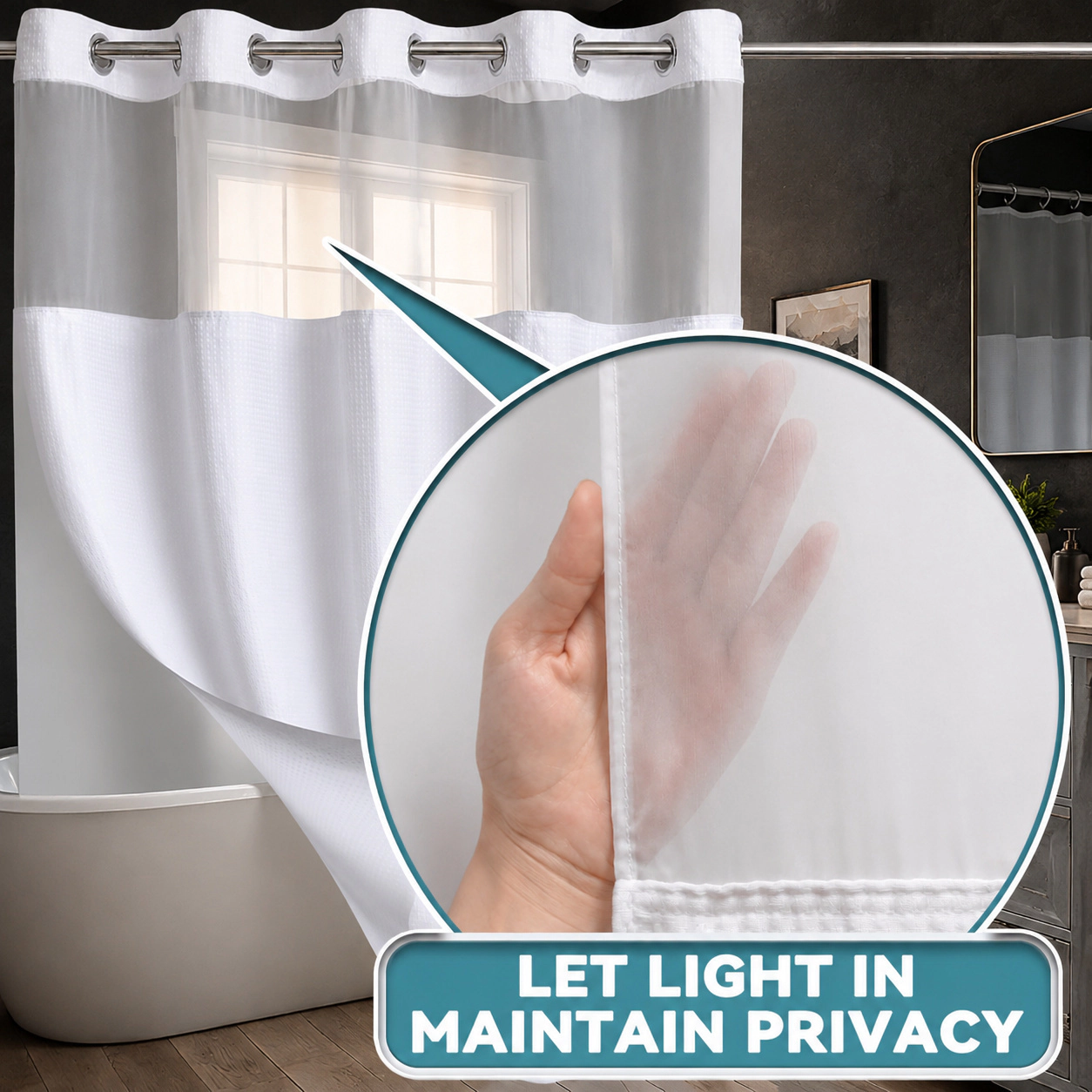 WZK Extra Long Waffle Weave Snap In Liner Set Hotel Luxury Waterproof Washable Shower Curtain