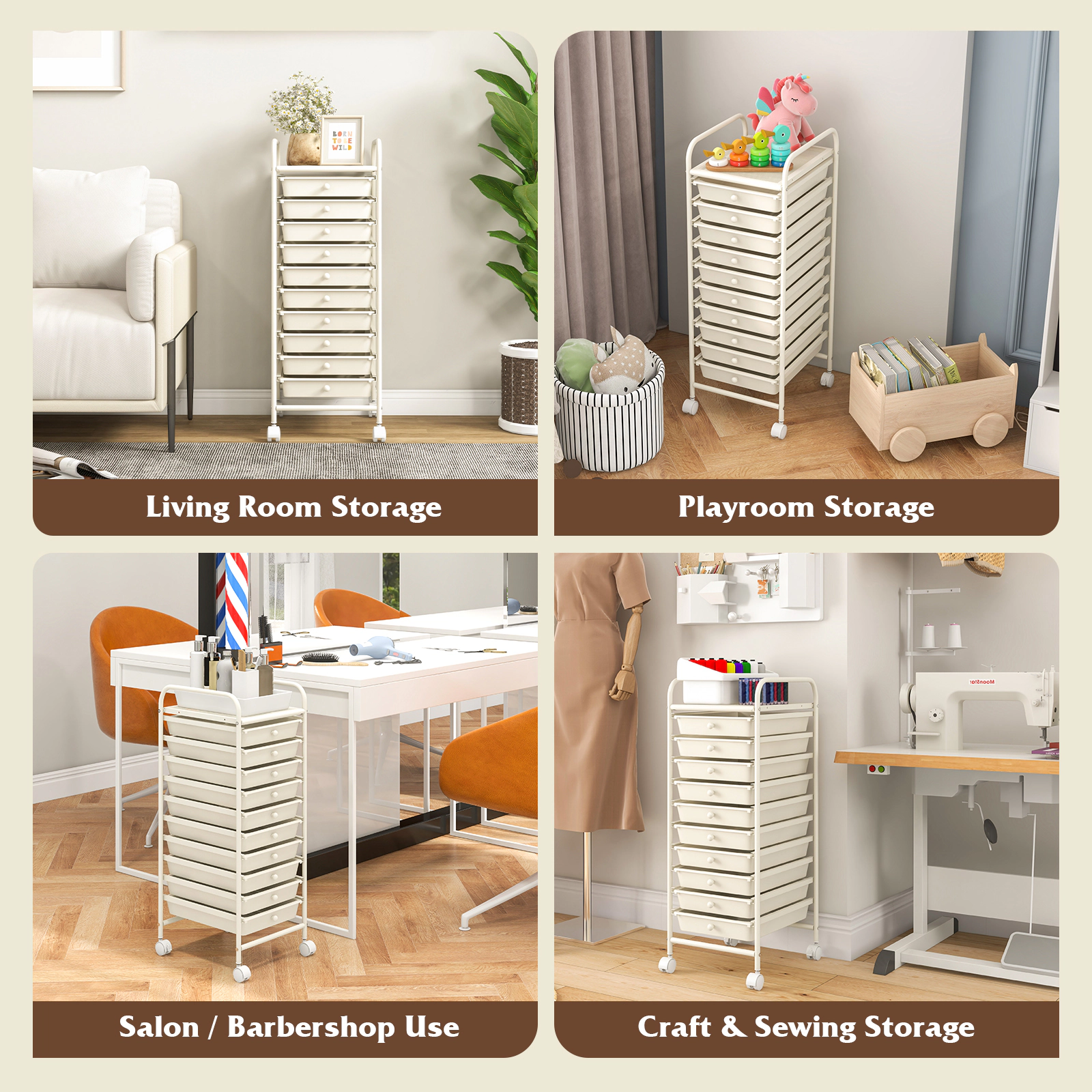 SUGIFT White 10-Drawer Rolling Storage Cart Organizer with Steel Frame and 2 Locking Casters for Office