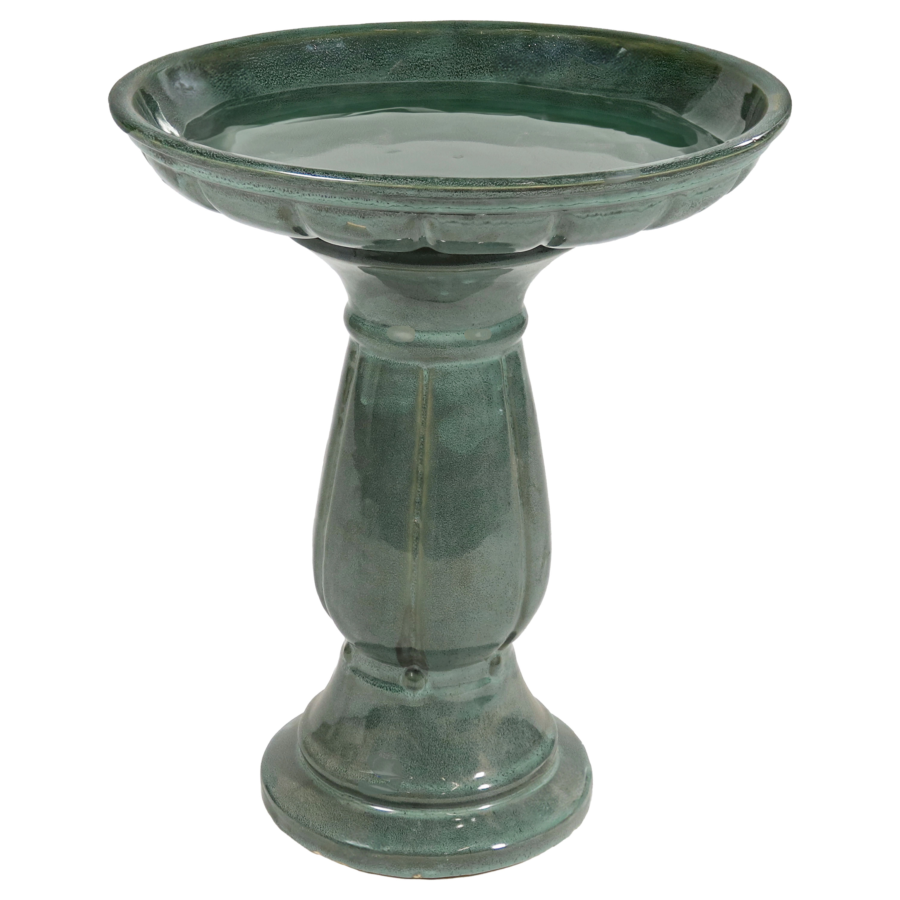 Sunnydaze Ceramic Bird Bath for Outdoors, 18” H, Green Mist