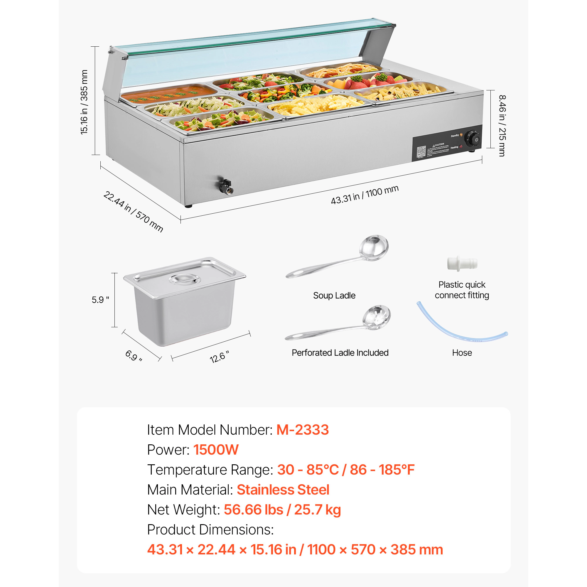 HONGGE Commercial Food Warmer Electric Stainless Steel Steam Food Warmer with Glass Cover Countertop Buffet Bain Marie