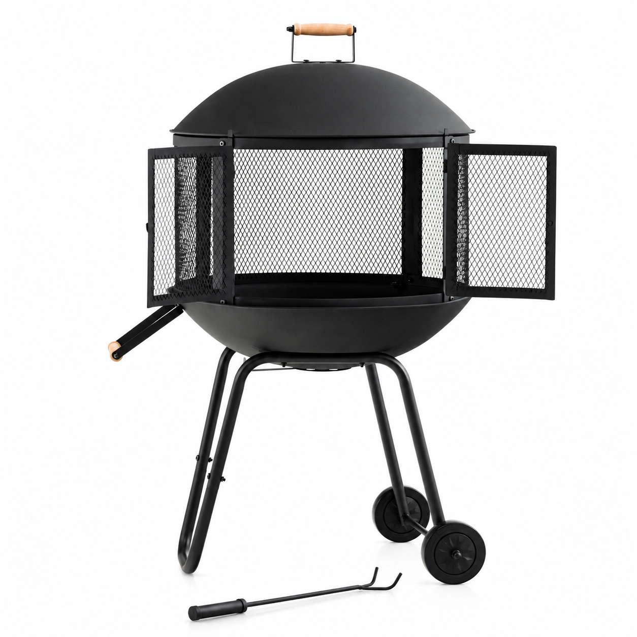 SUGIFT Portable Rolling Wood-Burning Fire Pit with Log Grate and Mesh Spark Cover Black