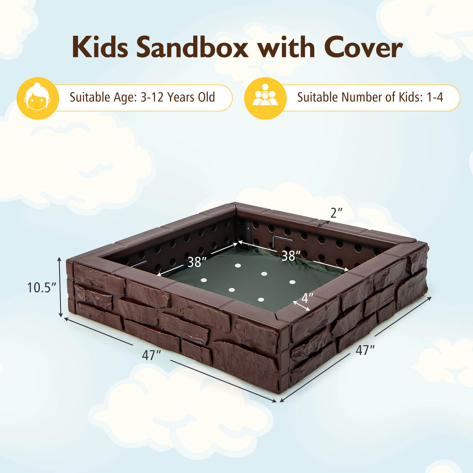 SUGIFT Brown Oxford Cover and Bottom Liner 2-in-1 HDPE Kids Sandbox