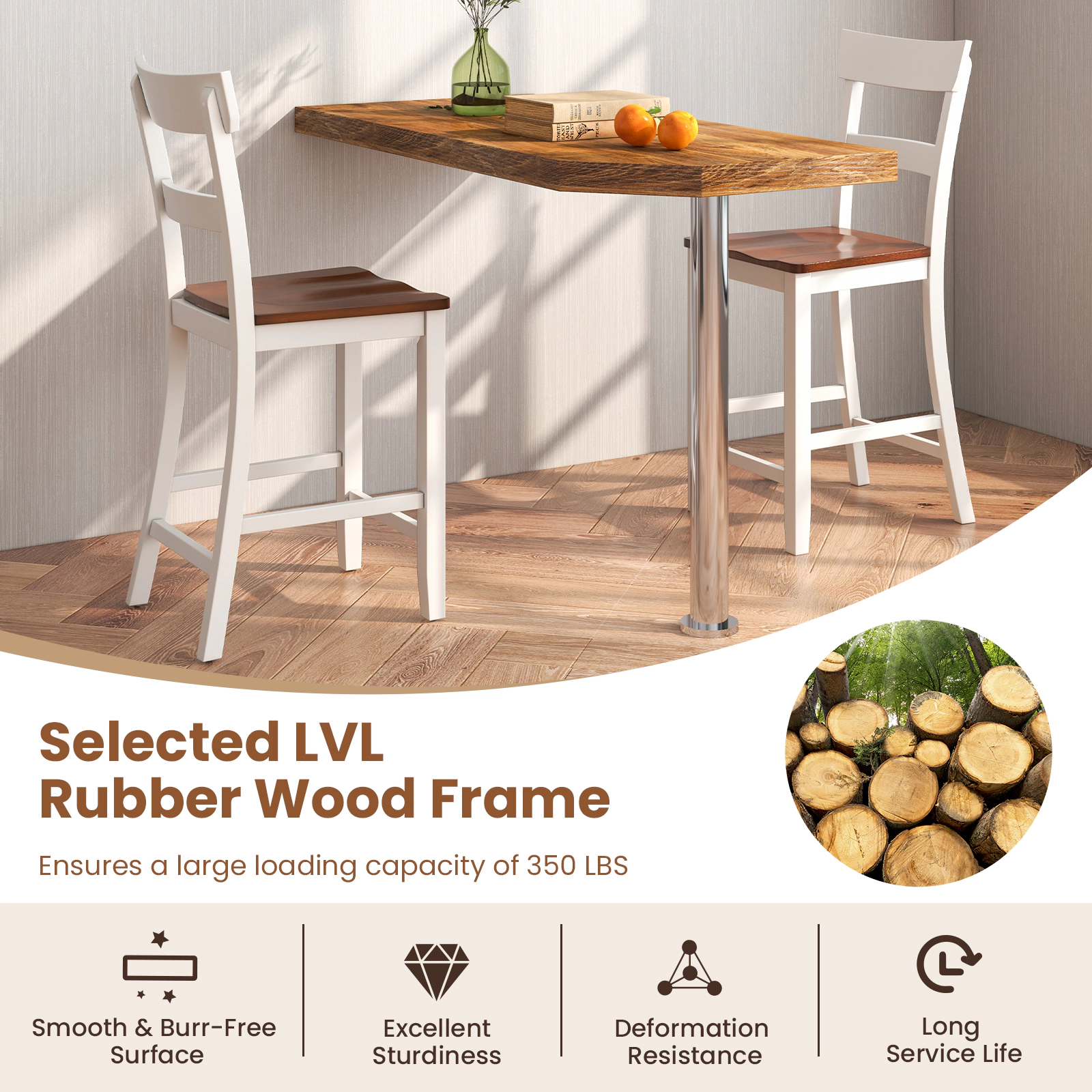 SUGIFT Dining Bar Stool Set of 2 with Solid Rubber Wood Frame 350-lb Capacity 24.5-in Seat Height 42-in Tall White